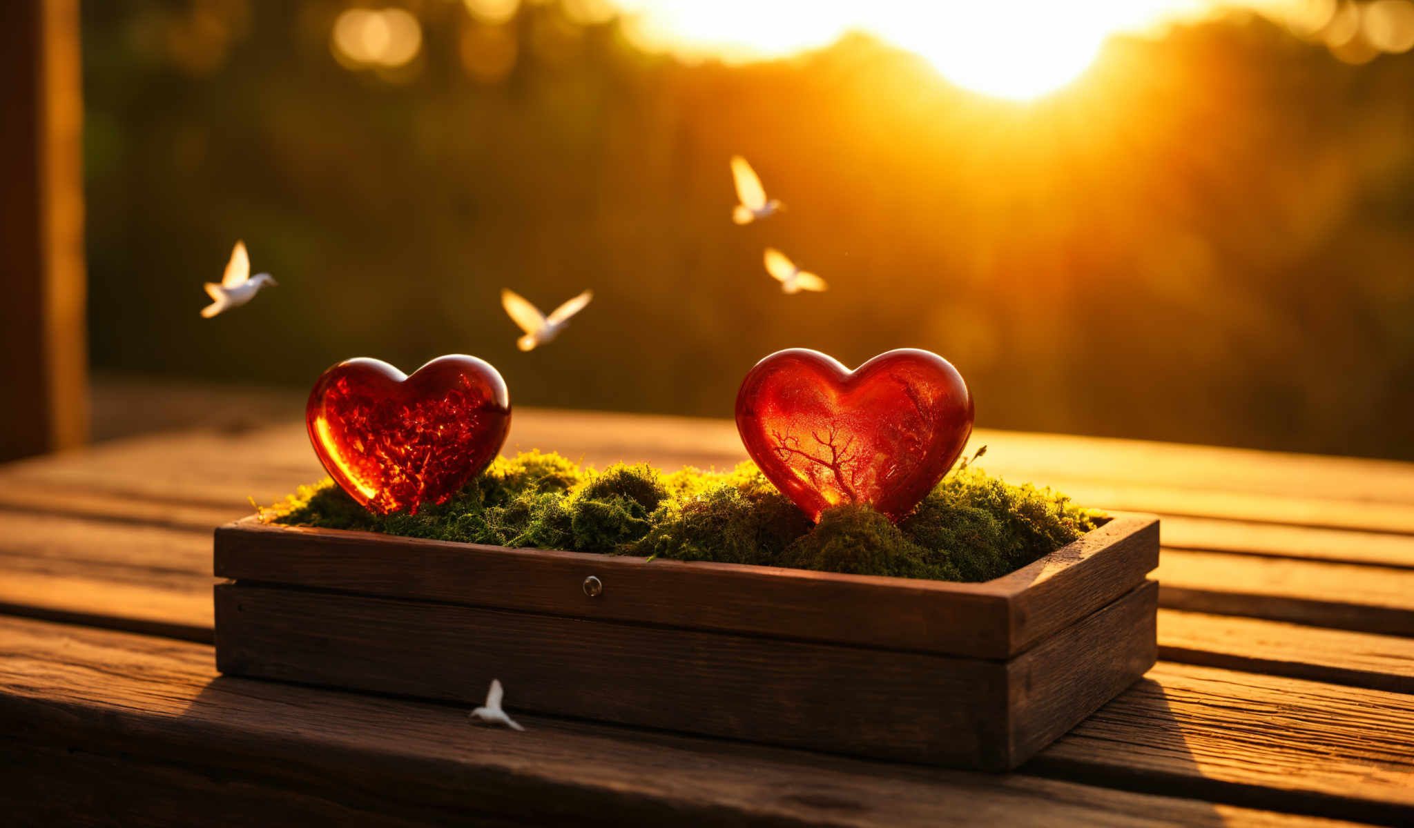 Two red heart shaped objects are on a mossy surface.