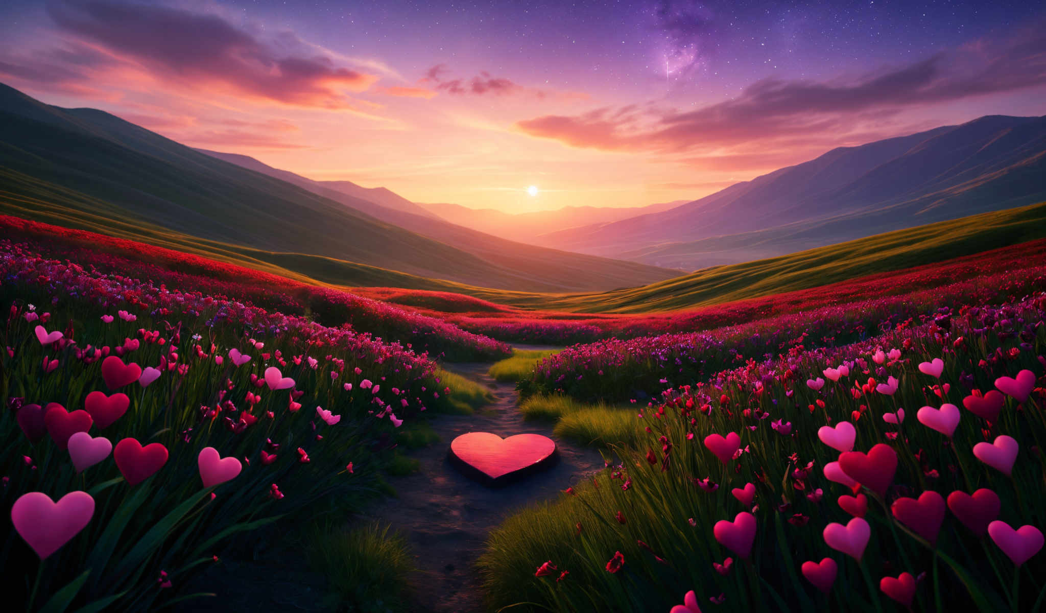 A beautiful sunset over a field of flowers with a heart in the middle.