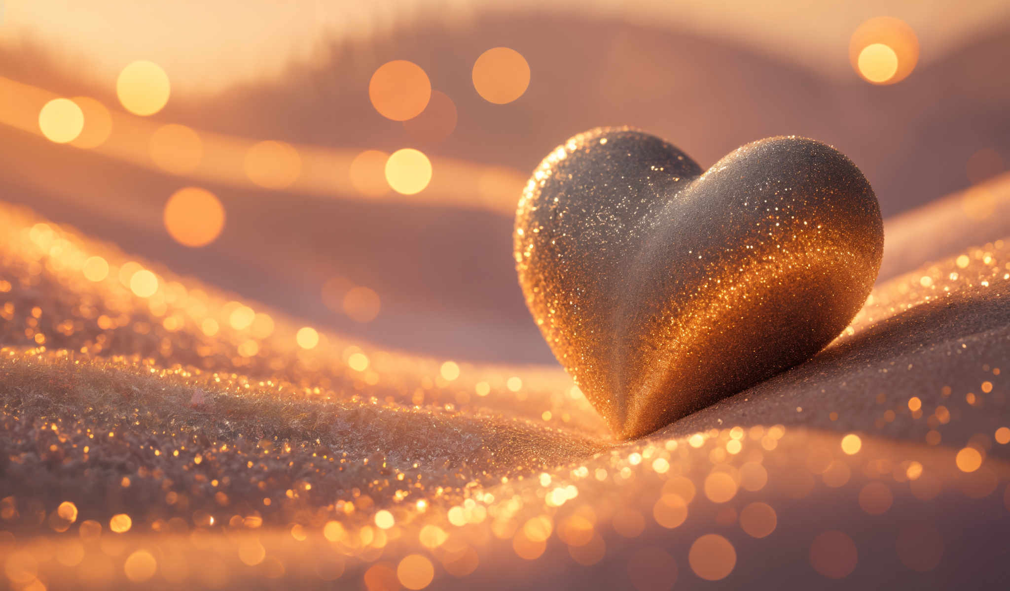 A heart made of glitter is the main focus of this image. It's gold in color and is located in the center of the frame. The glitter on the heart is so bright that it creates a bokeh effect in the background. The background itself is a gradient of orange and pink hues adding a warm and inviting atmosphere to the image.

The heart is not alone in this image; it's surrounded by a multitude of small round orange and yellow lights. These lights are scattered throughout the image creating a sense of depth and dimension. They appear to be floating around the heart as if they are part of a magical glittery constellation.

Despite the multitude of lights the heart remains the focal point of the photo. Its glittery texture and golden color stand out against the softer more muted colors of the background and the lights. The heart is positioned in the middle of the screen drawing the viewer's attention immediately.

Overall this image is a beautiful representation of a heart made out of glitter surrounded by lights set against a gradient background. It creates a sense that the heart and the glittery lights are floating in a magical space adding an element of wonder and enchantment to the scene.