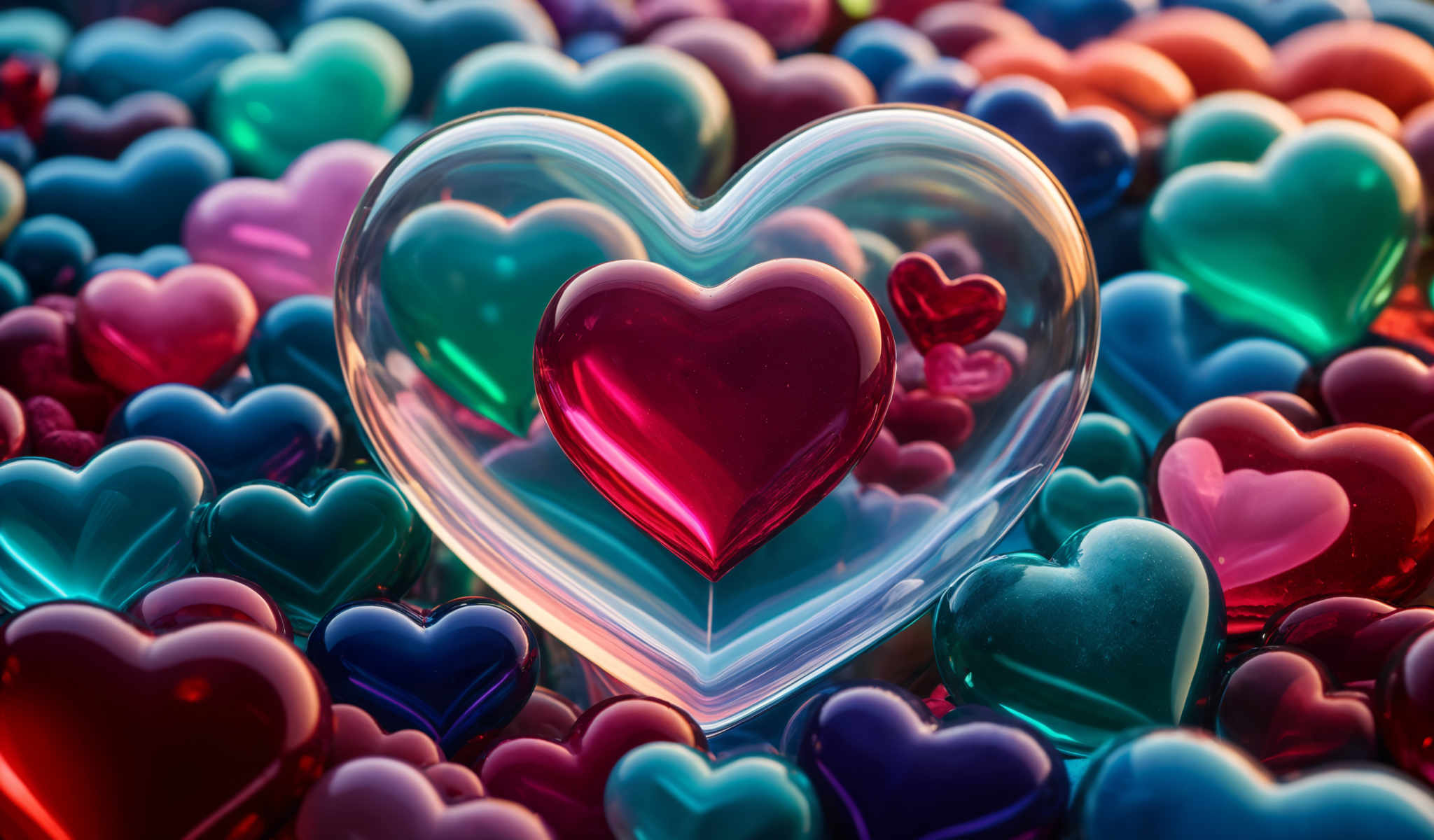 A heart-shaped glass with a red center and a blue outline is surrounded by other hearts.