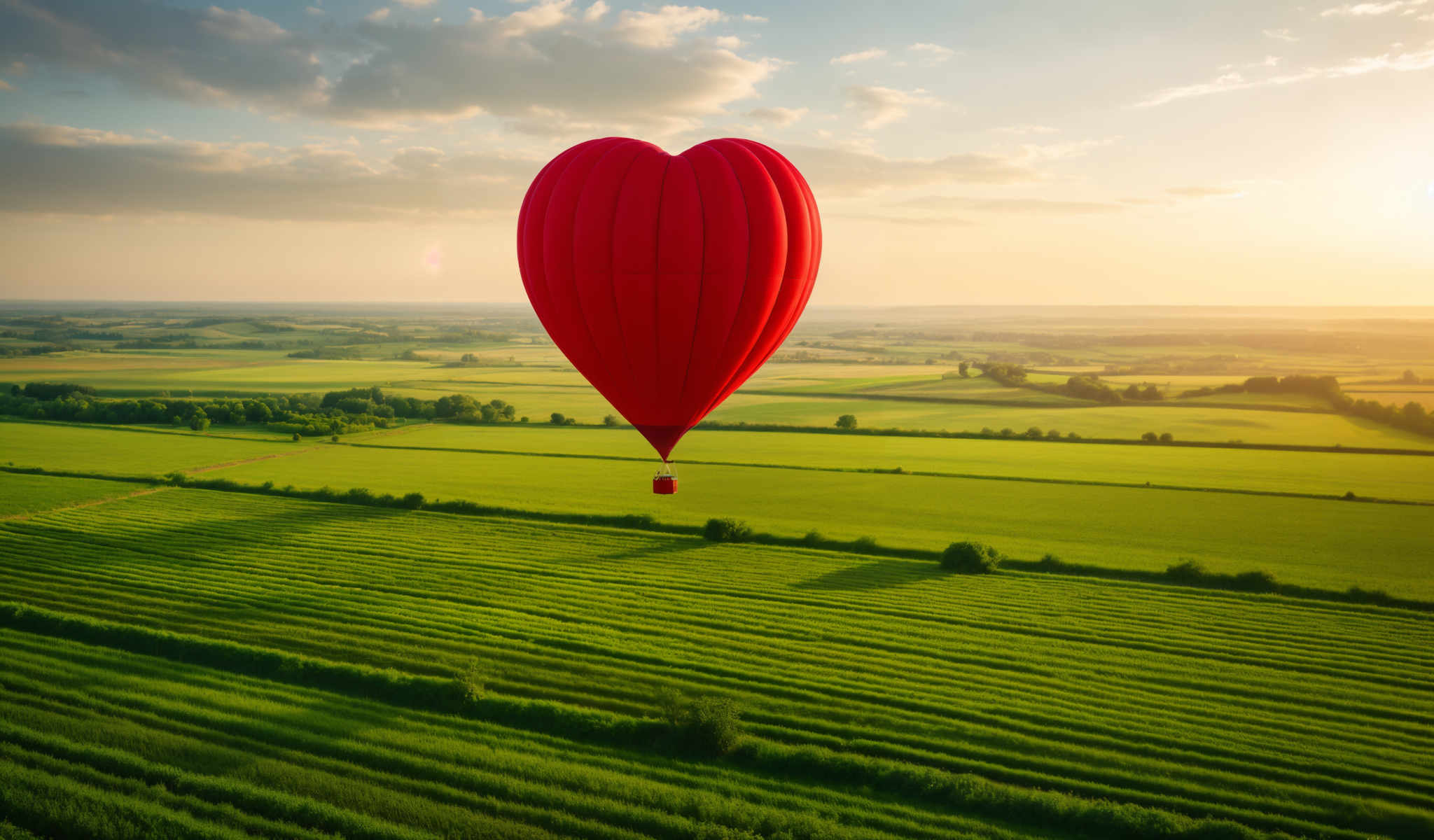 A red heart-shaped hot air balloon flying over a green field.