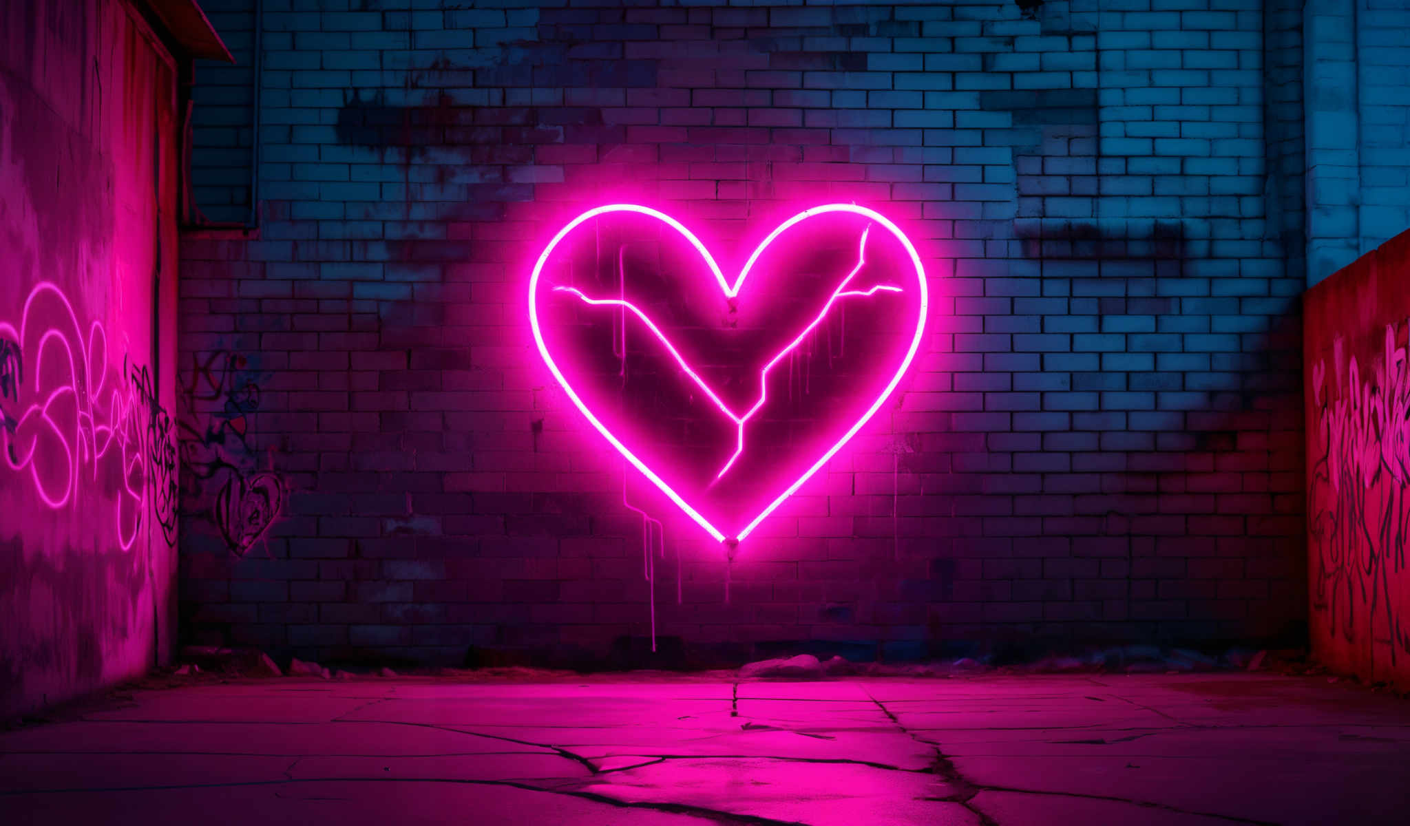 A neon pink heart with a broken line through it.