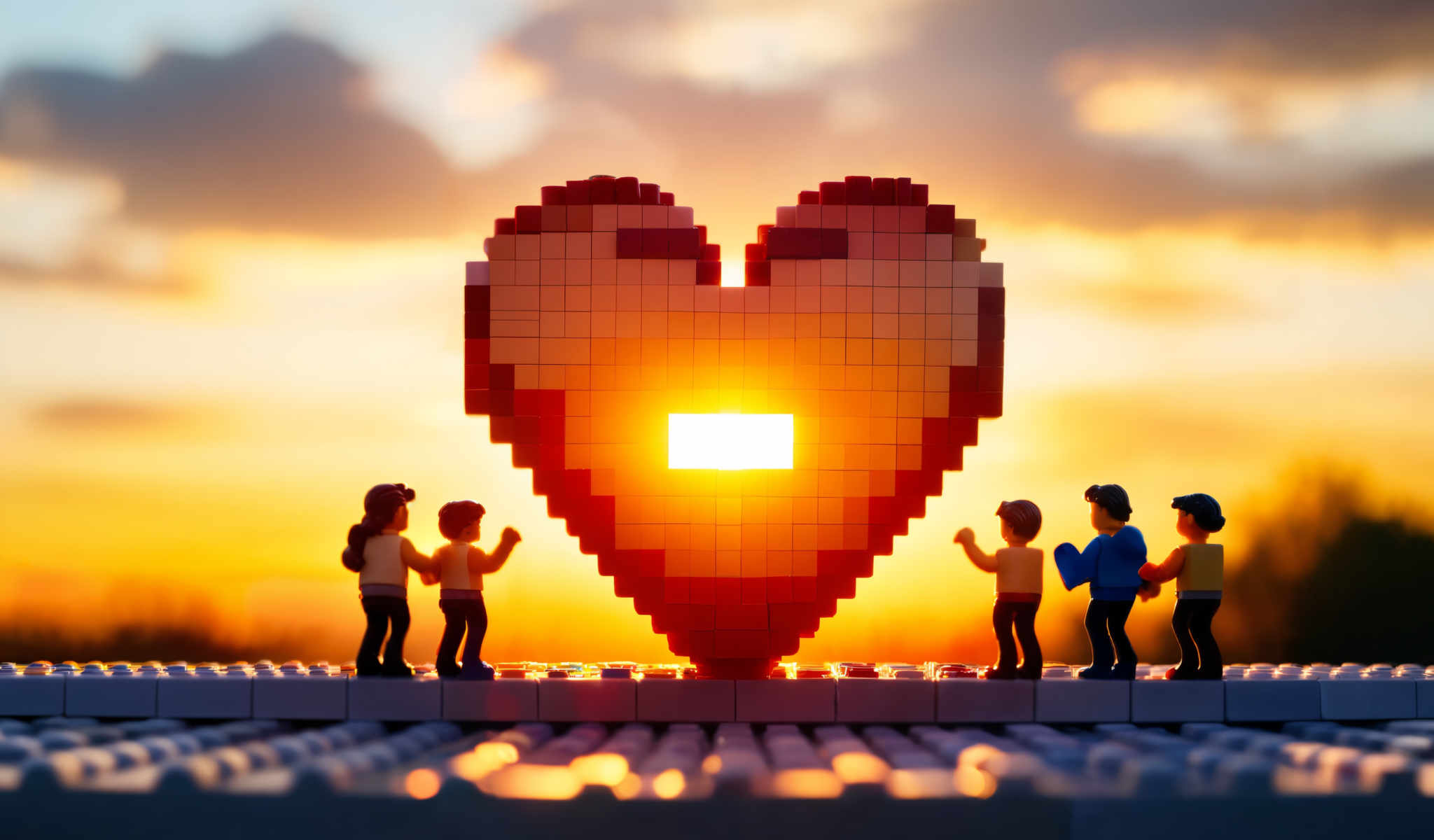 A heart made of legos is lit up by the sun.