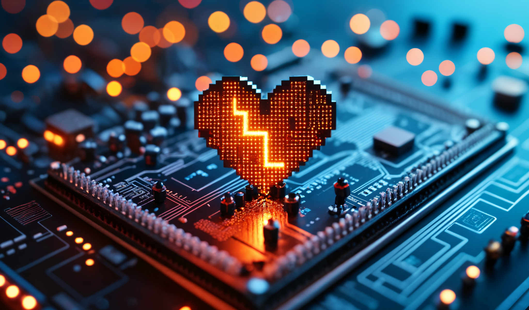 A heart-shaped pixel art piece is lit up with a neon glow.