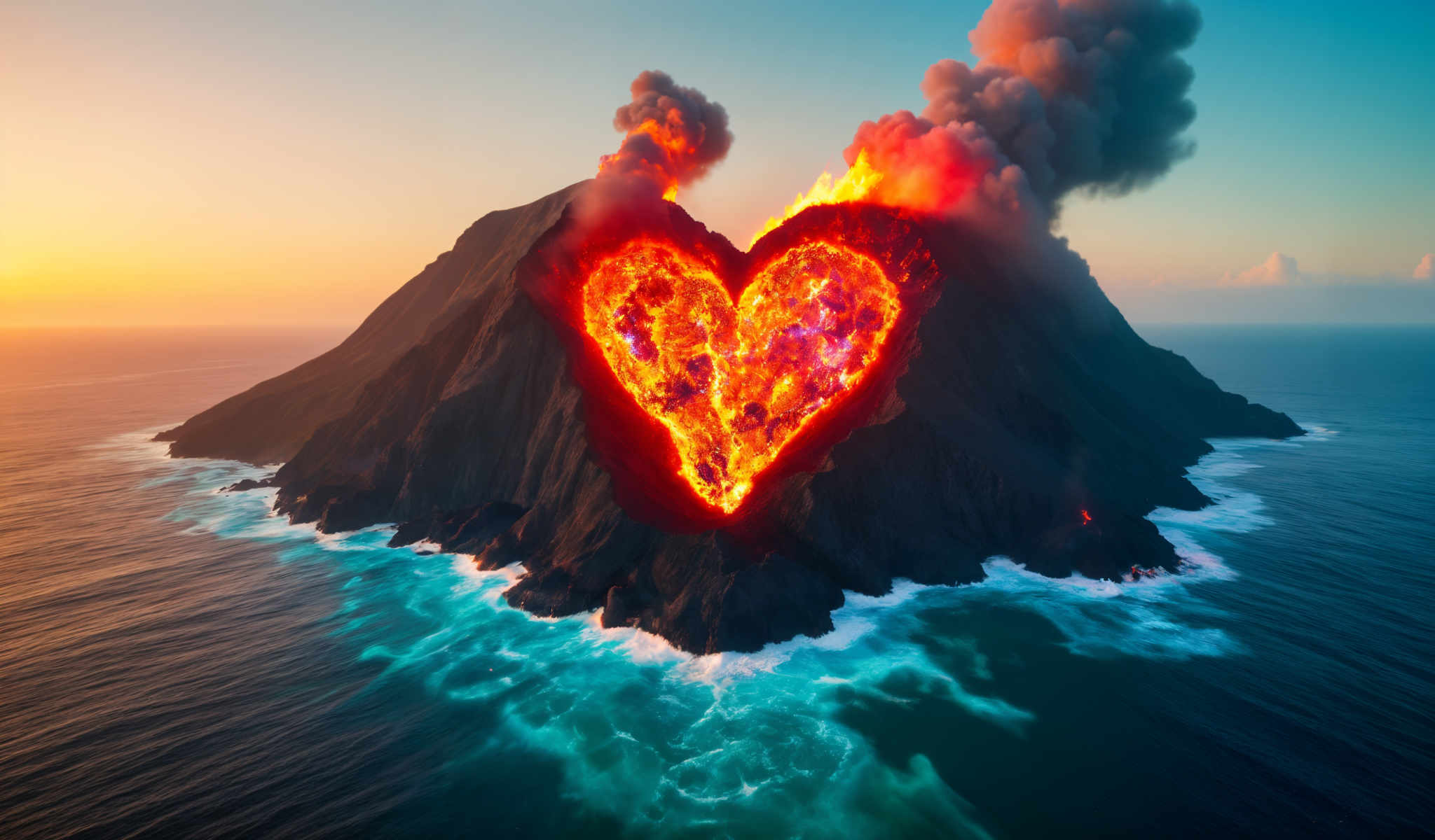 A heart-shaped fire burns on a mountain with smoke and flames rising into the sky.