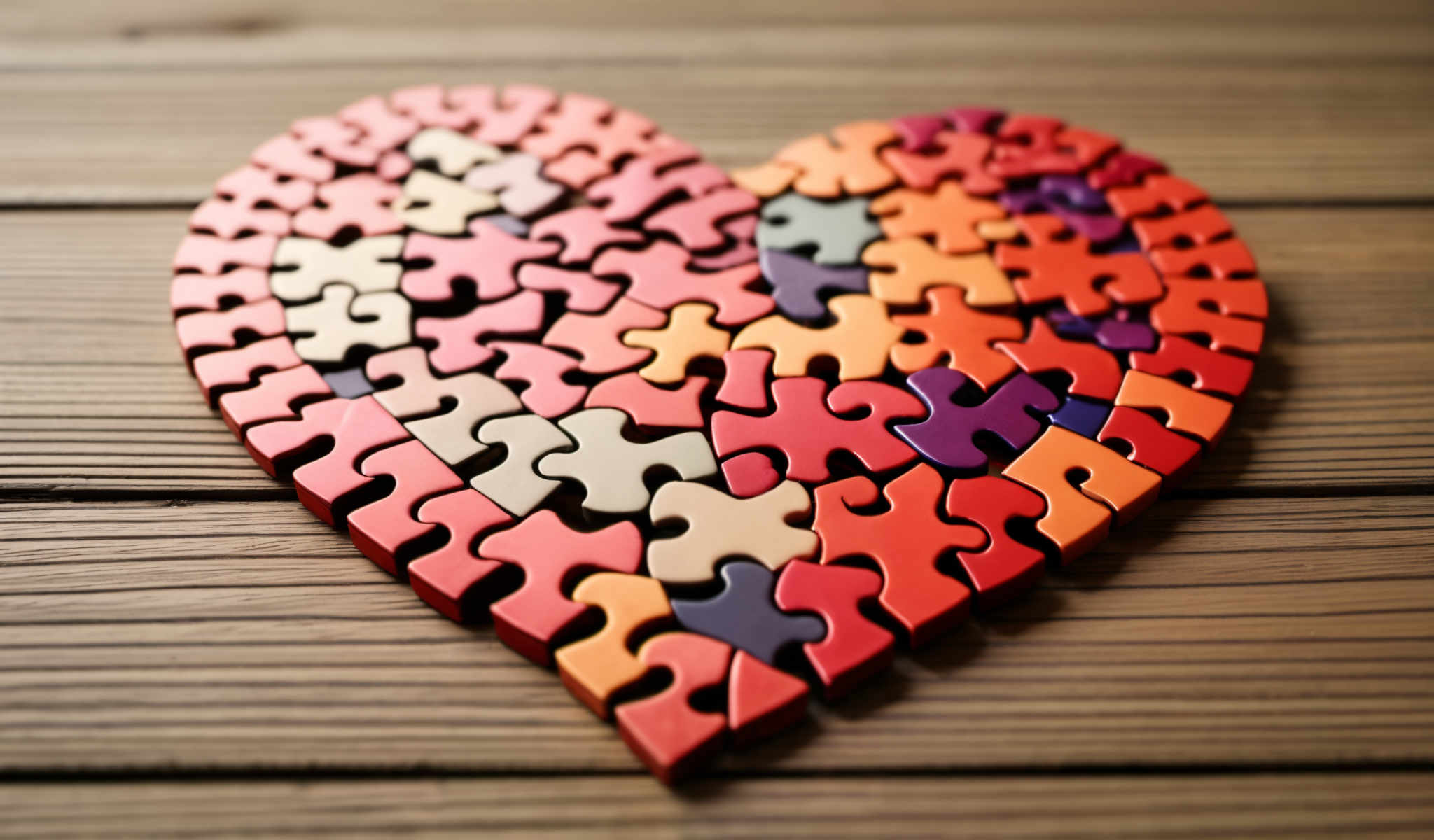 A heart-shaped puzzle made up of puzzle pieces in various colors.