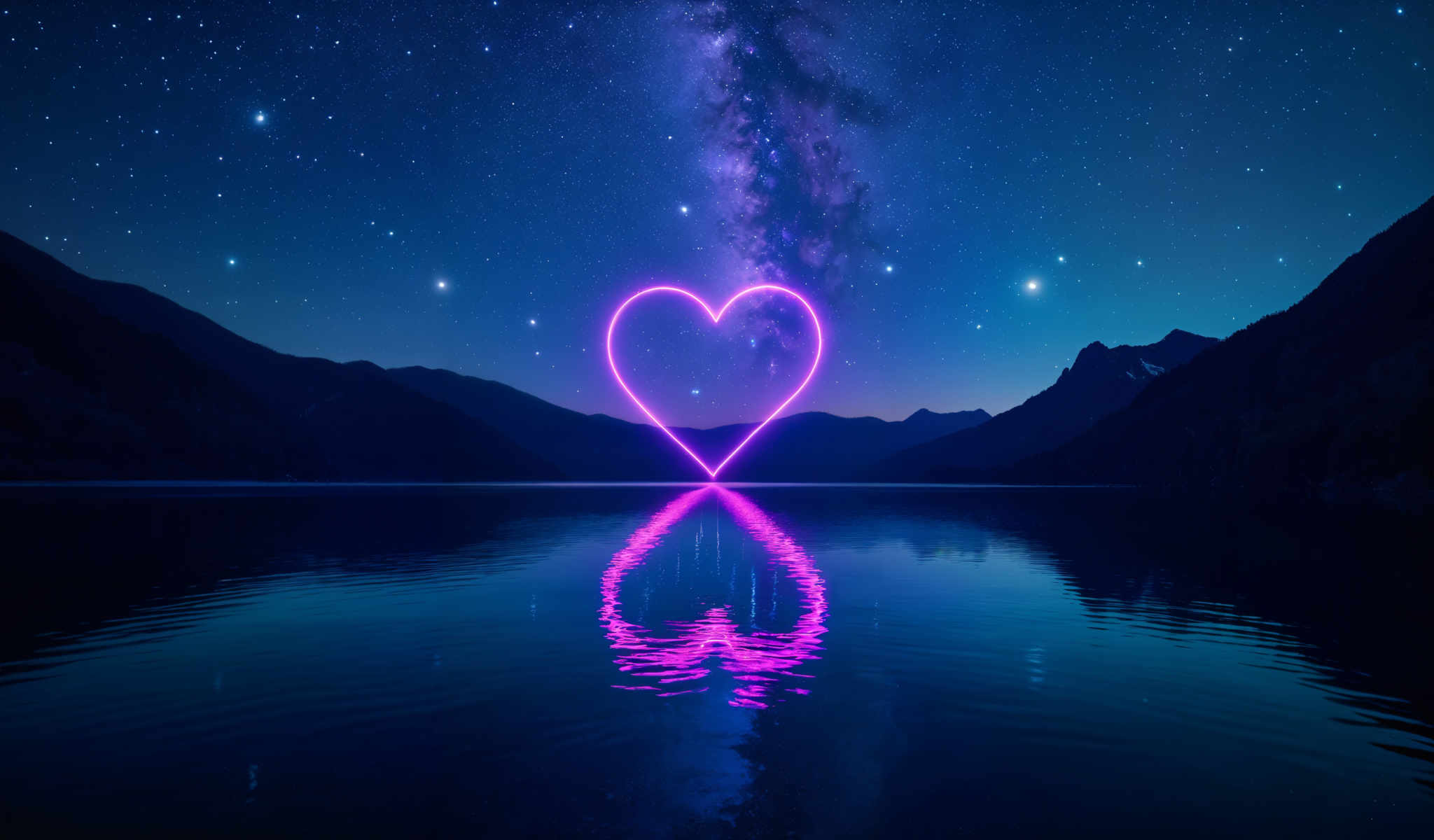 A heart-shaped neon sign is reflected in a body of water.