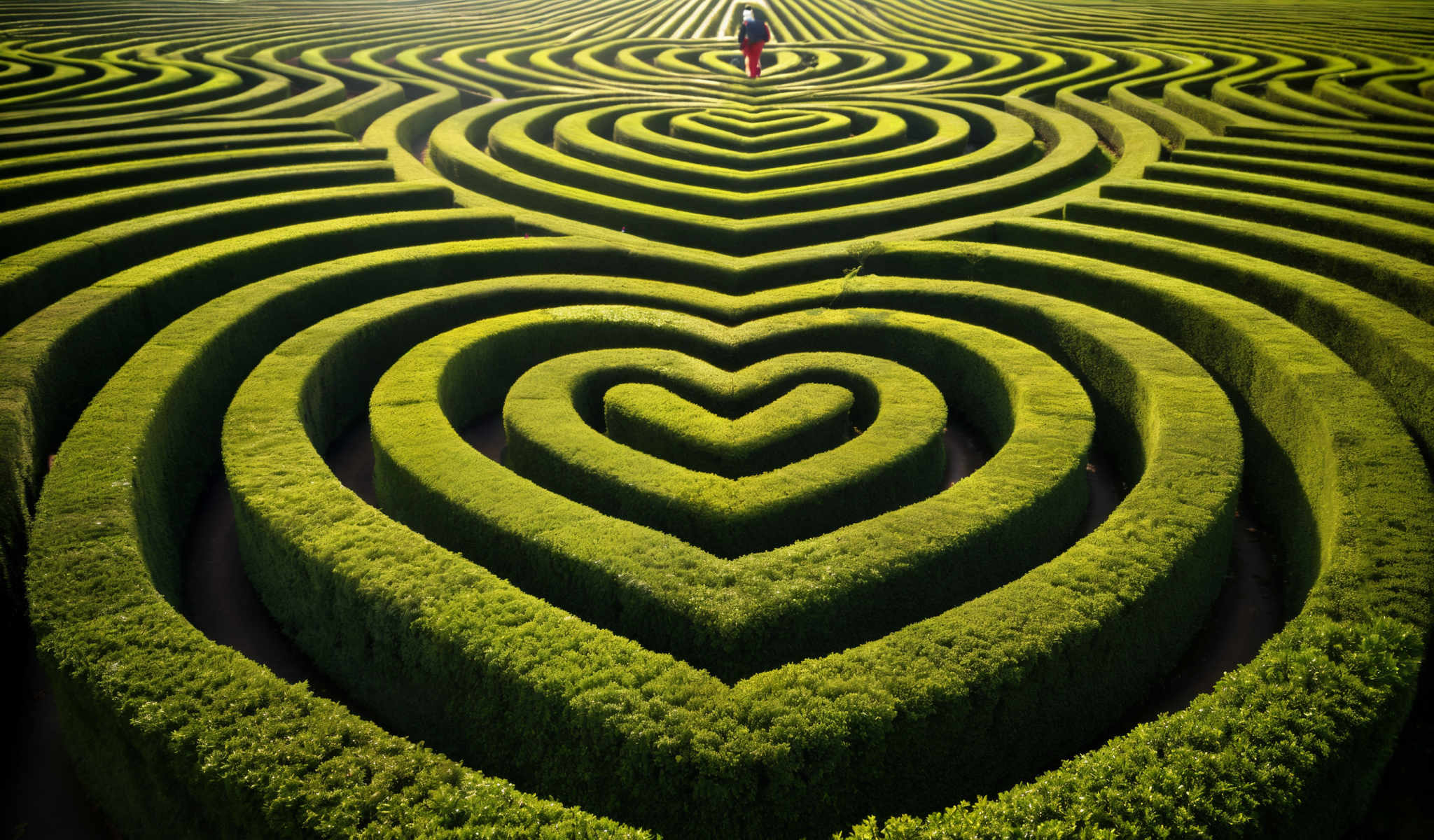 A person is walking through a maze of hedges. The hedges are arranged in a heart shape. The person is wearing a red shirt.