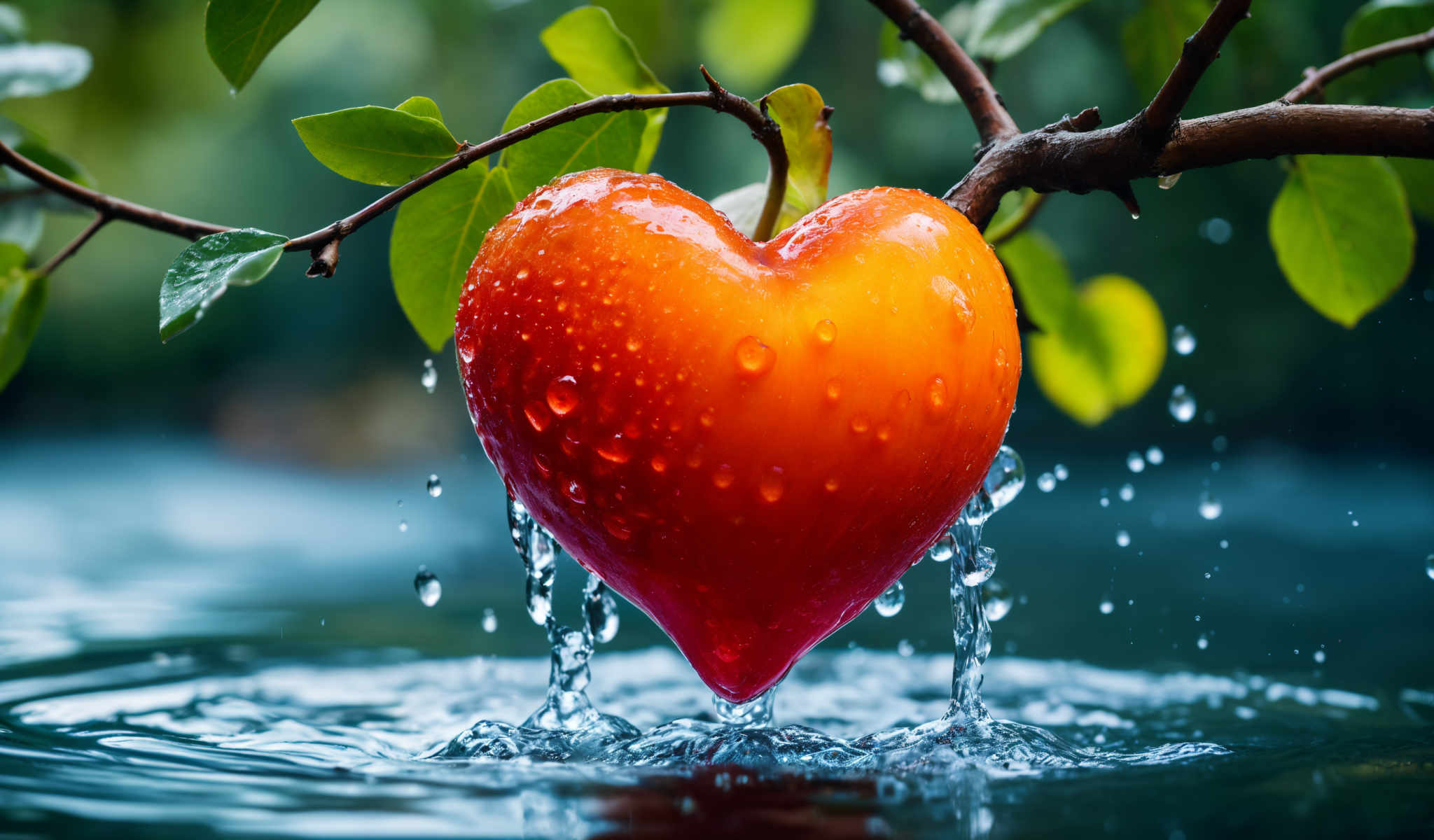 A heart-shaped apple with water droplets on it.