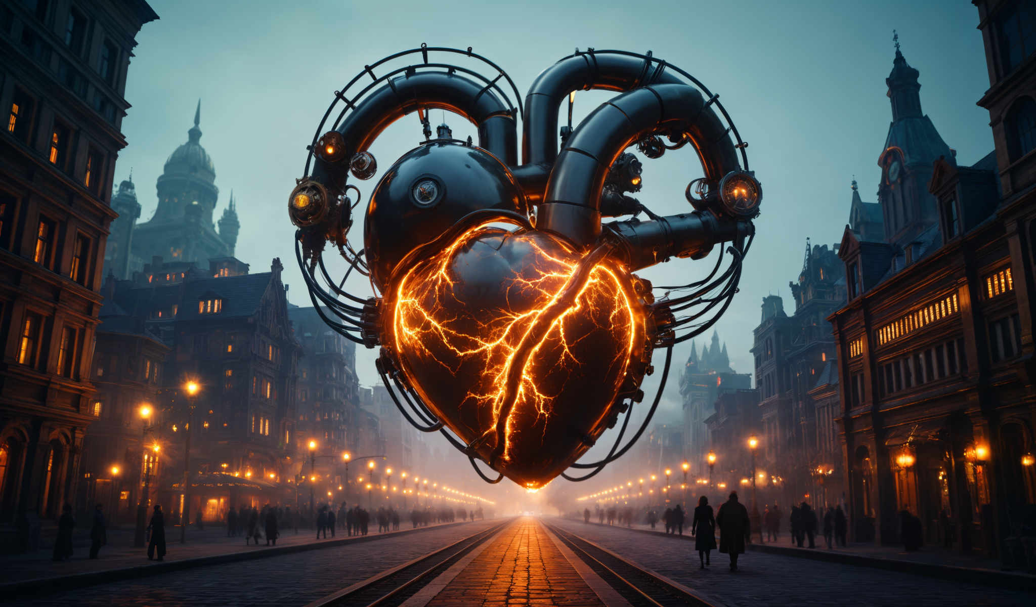 A large heart-shaped sculpture made of black metal with orange lights.