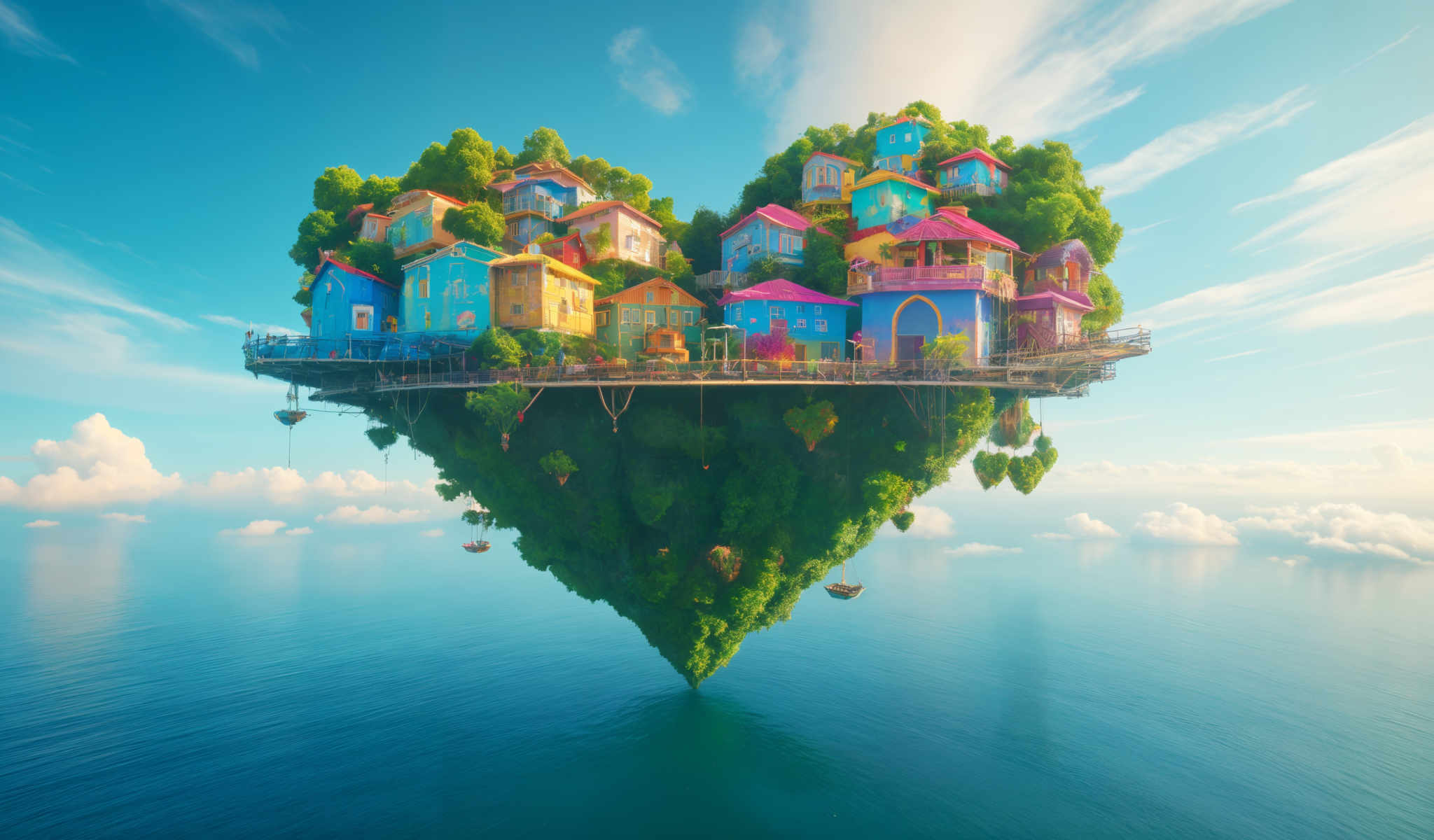 A colorful island with houses on top and a body of water below.