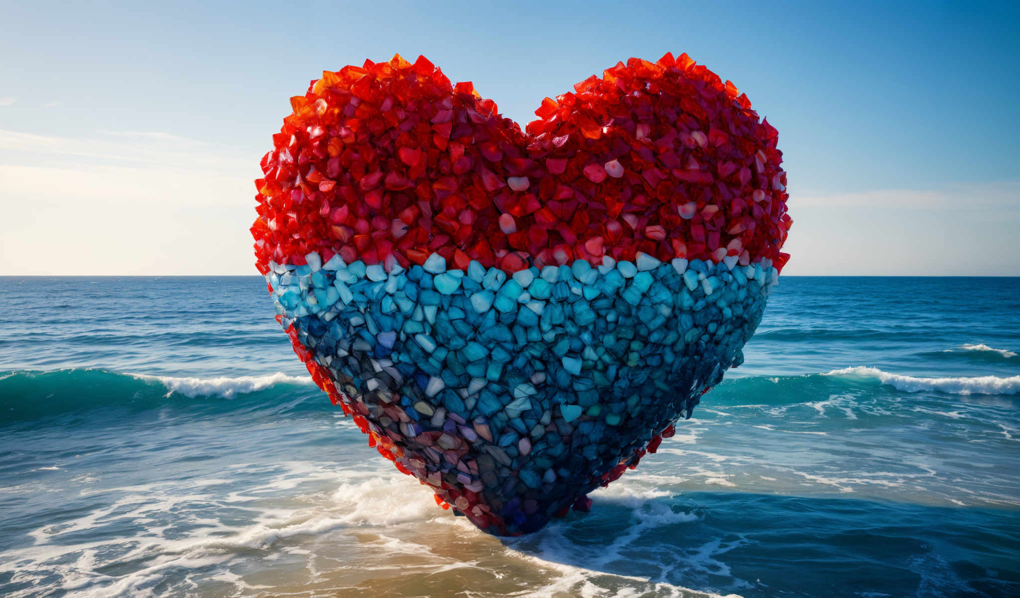 A heart-shaped sculpture made of plastic bottles in the colors of red blue and green.