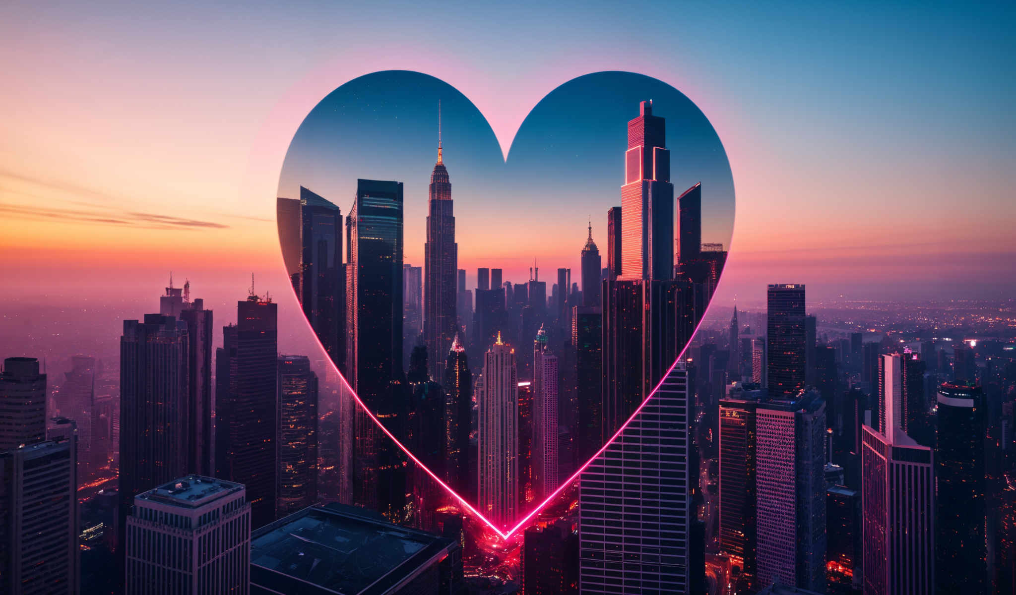 A heart-shaped frame with a city skyline in the background. The city is filled with tall buildings including a skyscraper with a pointed top. The buildings are reflected in the heart frame creating a mirror image effect. The colors in the image are predominantly pink and blue with the pink being the most prominent. The heart frame is the central focus of the photo with all the buildings and the sky in the reflection. The image does not contain any text or other discernible objects. The relative positions of the buildings are accurately reflected in their mirrored counterparts within the heart. The overall composition of the photograph is balanced and symmetrical.