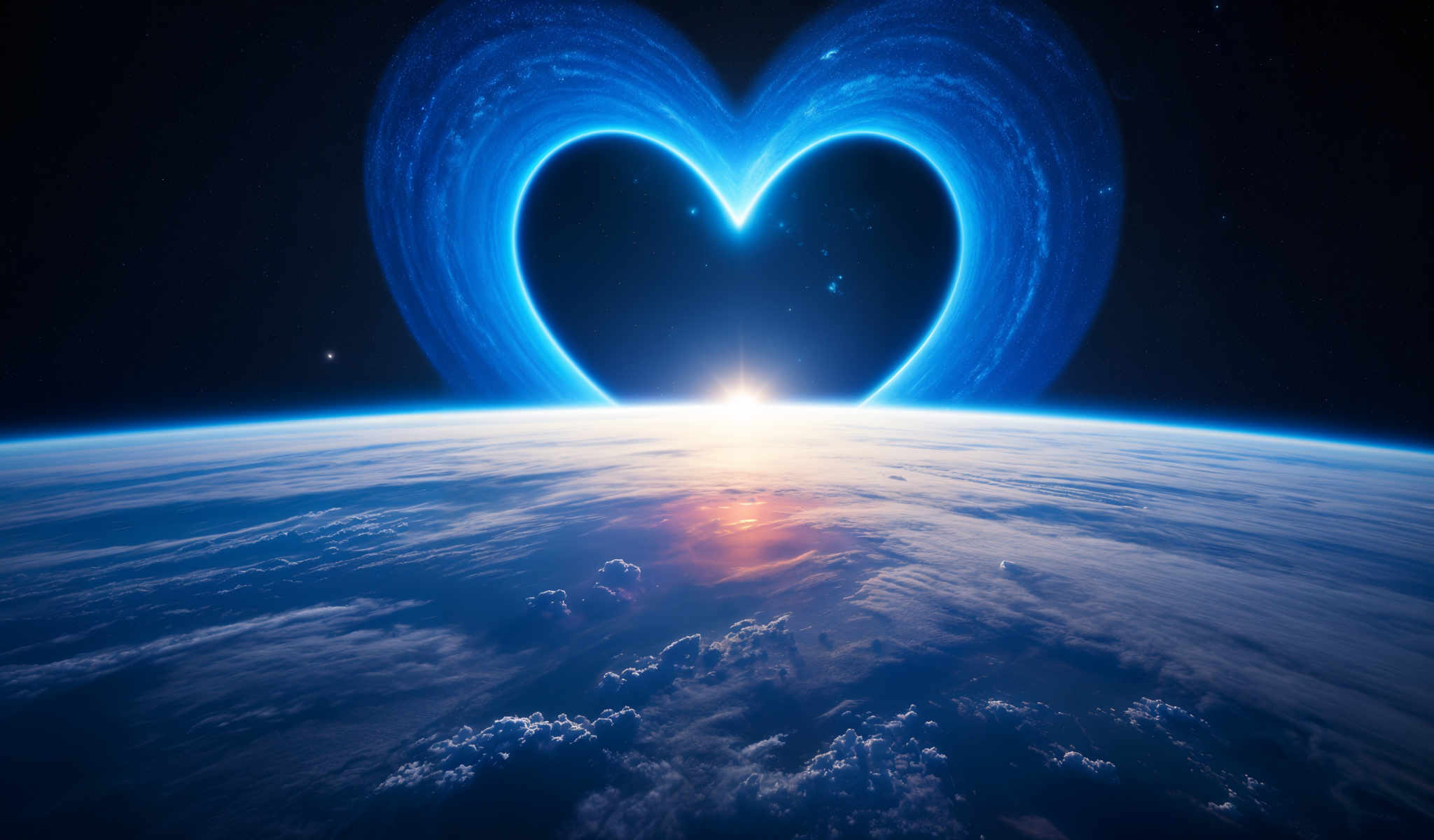 A heart-shaped image of the Earth with the sun in the center.