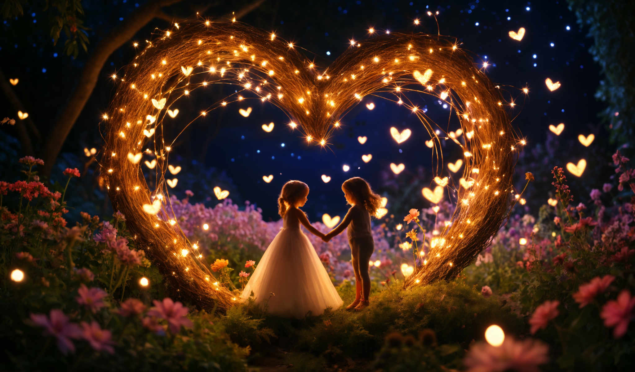 Two girls are dancing in a heart made of lights.