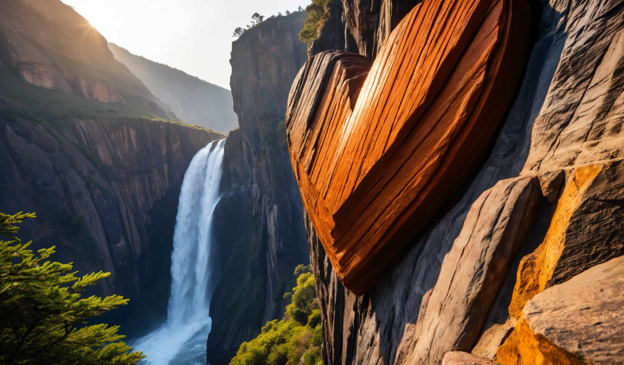 A waterfall cascades down a rocky cliff surrounded by lush greenery. The cliff is adorned with a large orange heart-shaped rock formation adding a touch of color to the otherwise natural landscape. The waterfall a powerful force of nature is the main focus of the scene its water flowing smoothly over the rocks. The surrounding greenery provides a stark contrast to the rocky cliff and the waterfall adding depth and richness to the image.

The heart-shaped formation on the cliff is a unique feature standing out due to its vibrant orange color. It's located on the right side of the cliff drawing the viewer's eye towards it. The formation's shape and color make it a focal point in the image adding an element of intrigue and wonder.

The waterfall is located on a rocky outcropping its powerful flow creating a mist that rises into the air. The mist adds a sense of movement and energy to the scene. The rocks of the outcrooping are dark and jagged providing a stark backdrop for the waterfall and the heart-shapedformation.

The image is taken from a high angle looking down on the waterfall. This perspective allows for a comprehensive view of the landscape from the heart of the waterfall to the base of the