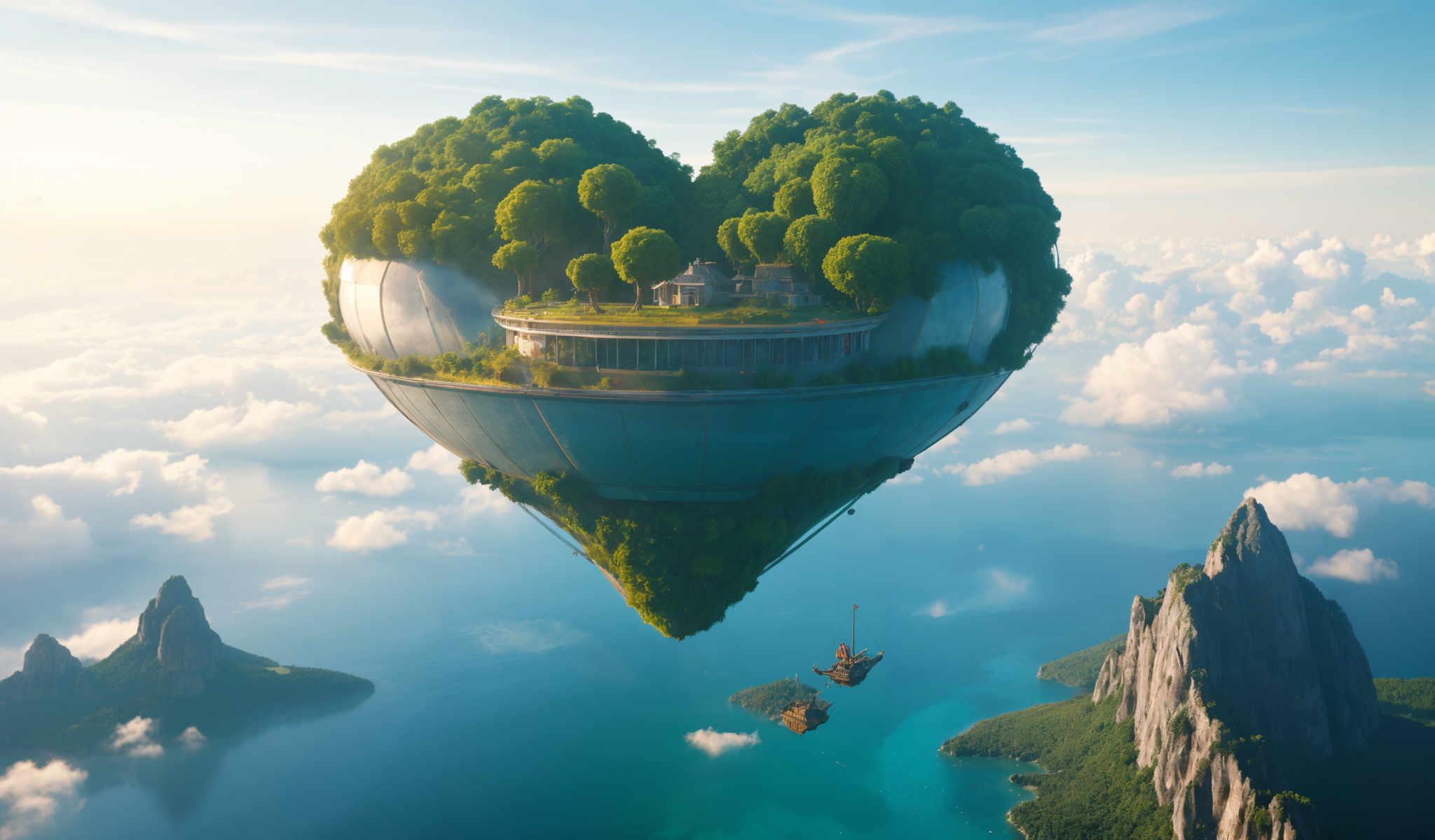 A heart-shaped island with a house on top and a ship in the water below.