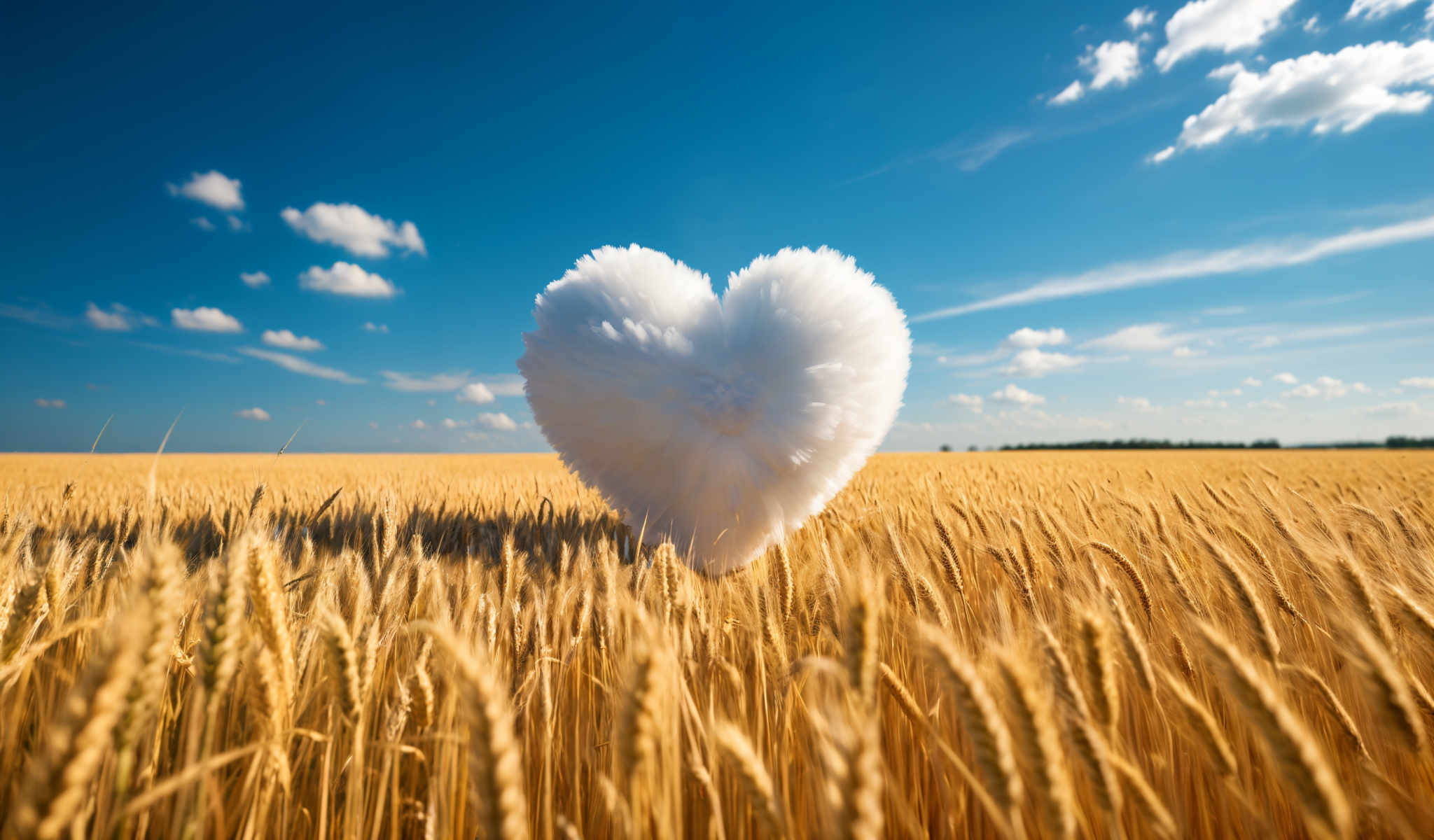 A heart-shaped cloud in a field of golden wheat.