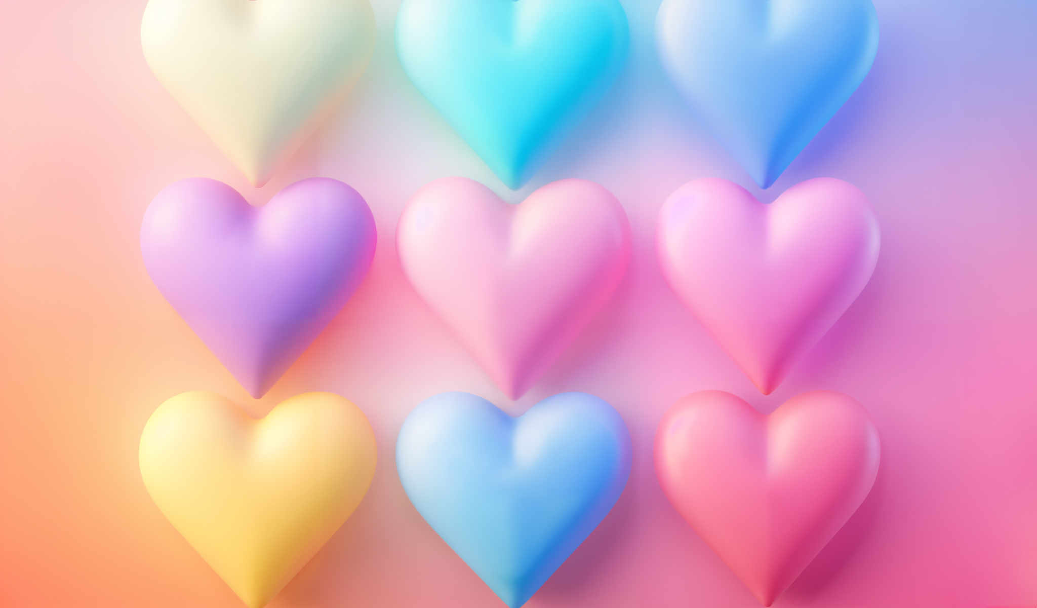 A collection of 16 hearts each in a different color are arranged in a grid. The colors include pink blue purple yellow and orange. Each heart is identical in shape and size and they are all facing the same direction. The hearts are evenly spaced and there is no text or other objects in the image.

The hearts are arranged on a white background which contrasts with the vibrant colors of the hearts. The arrangement of the colors creates a rainbow effect with the colors transitioning smoothly from one to the next. The image is a digital illustration and the colors are bright and vibrant. The overall effect is a visually pleasing and colorful display of hearts.