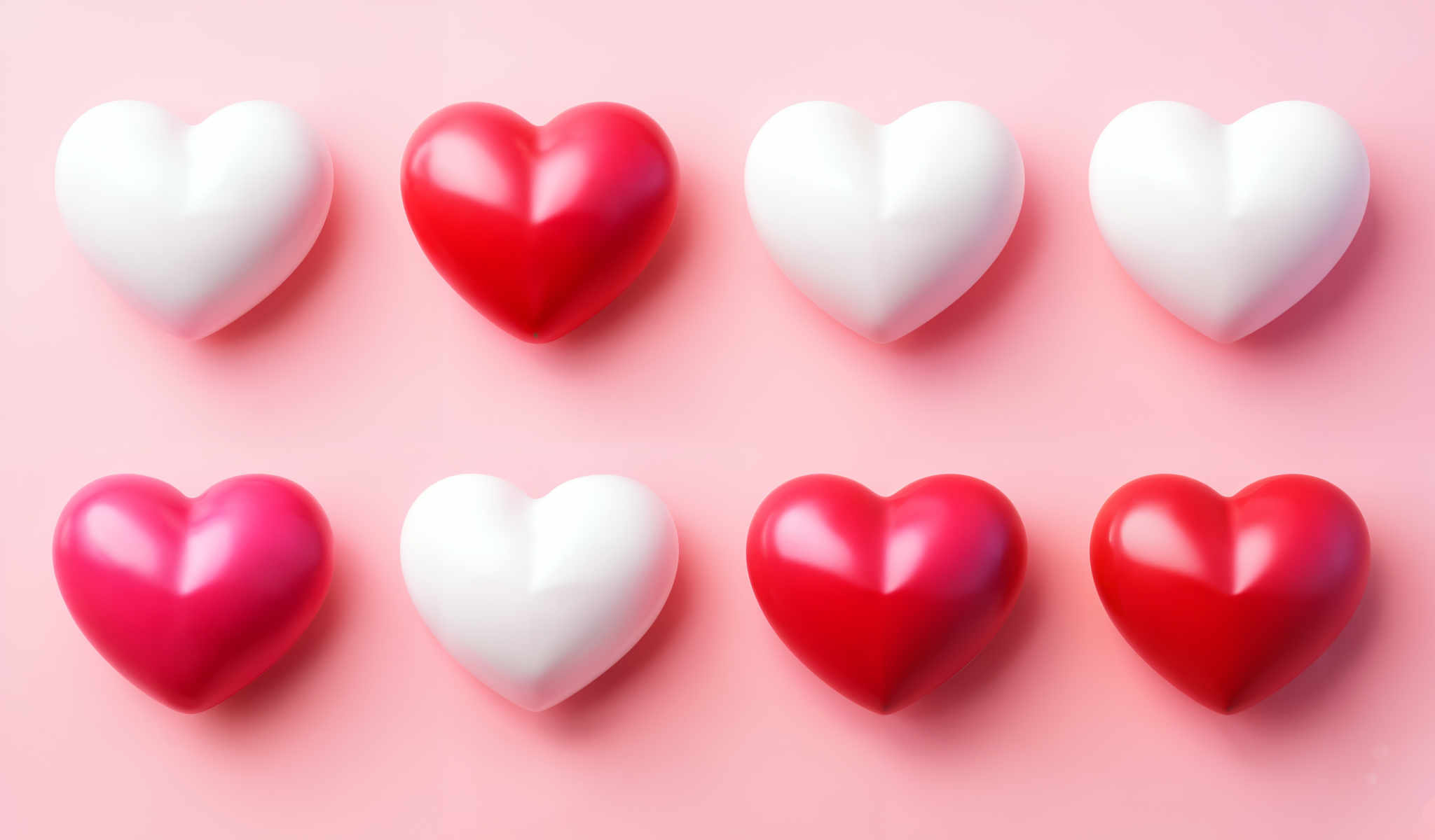 The image presents a collection of nine heart-shaped objects each exhibiting a unique color and size. The hearts are arranged in a grid-like pattern with three rows and three columns. The colors of the hearts range from red to white and they vary in size creating a visually appealing contrast. The background of the grid is a solid pink color which complements the vibrant colors of hearts. The arrangement of the objects and their relative positions contribute to a harmonious composition.