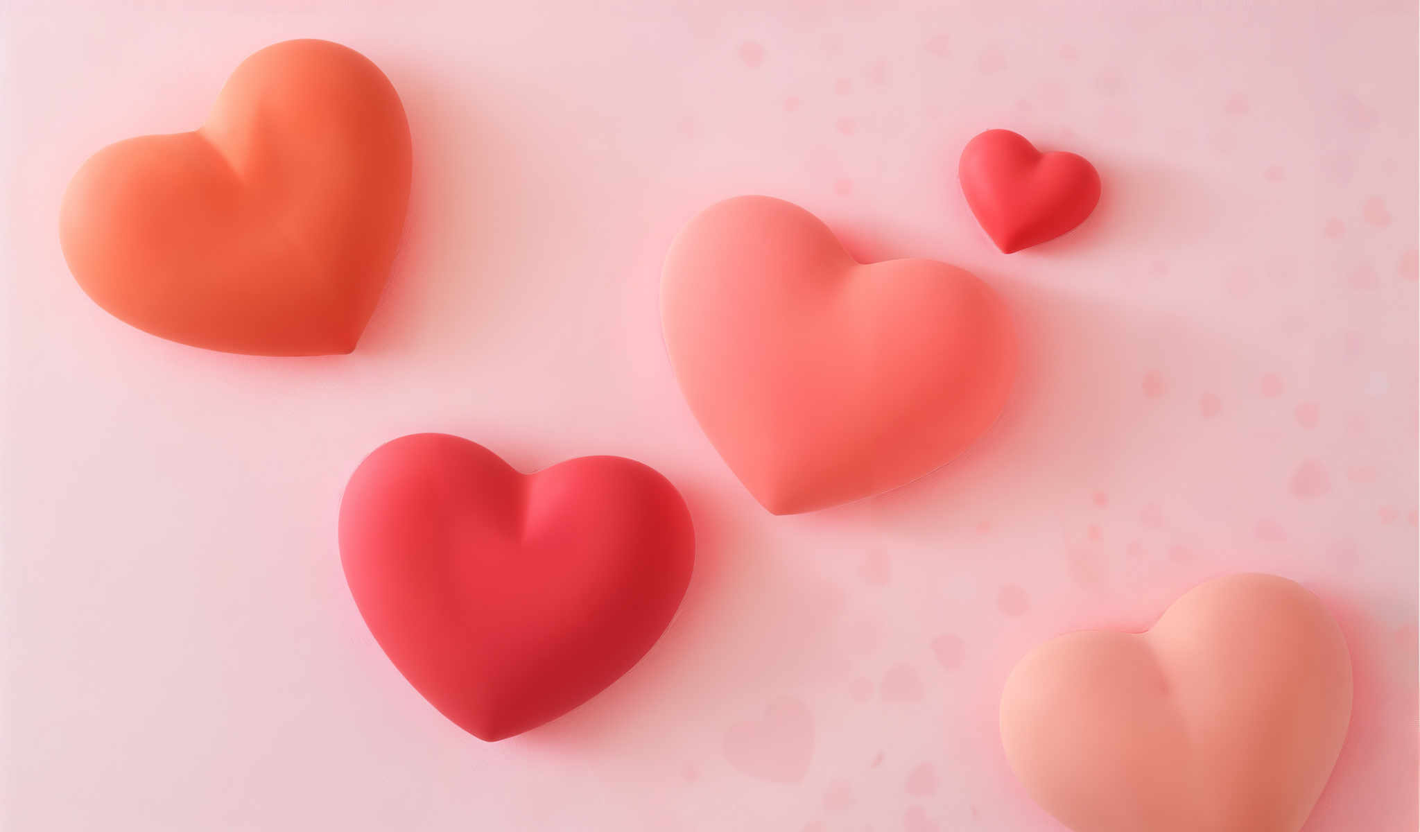 The image presents a delightful scene of six heart-shaped objects all identical in size and color set against a vibrant pink background. The hearts rendered in a soft pink hue are arranged in a diagonal line creating a sense of movement across the image.

Starting from the top left the first heart is slightly tilted to the right as if leaning into the next heart. The second heart located in the center of the line is perfectly upright serving as the focal point of the arrangement. The third heart positioned in the bottom right is tilted to its left mirroring the first.

The background is not just a plain pink canvas. It's speckled with small white dots adding a touch of whimsy to the overall composition. The dots are scattered randomly creating an abstract pattern that contrasts with the orderly arrangement of the hearts.

Despite the simplicity of the elements - hearts and dots - the image conveys a sense depth and complexity through its use of color shape and arrangement. It invites the viewer to appreciate the beauty in everyday objects and the joy of simple yet thoughtful design.