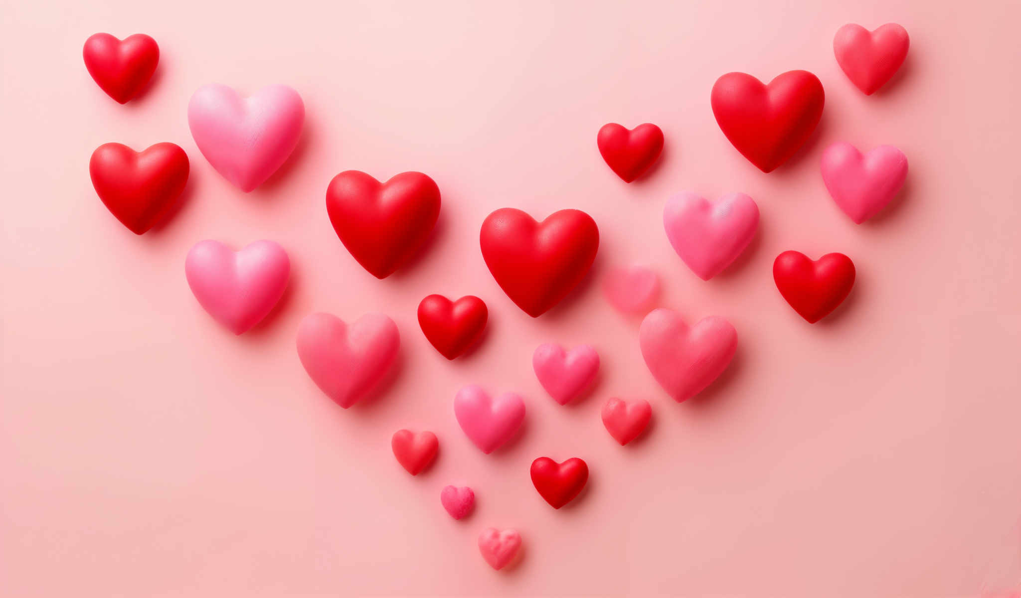 A collection of 16 heart shaped objects all in a vibrant shade of red are scattered across a pink background. The hearts vary in size with the largest ones positioned towards the top and the smallest ones towards the bottom. Some hearts overlap each other creating a sense of depth and dimension while others are spaced apart allowing each one to stand out. The arrangement of the hearts is random with no discernible pattern or order. The overall effect is a playful and whimsical display of color and shape.