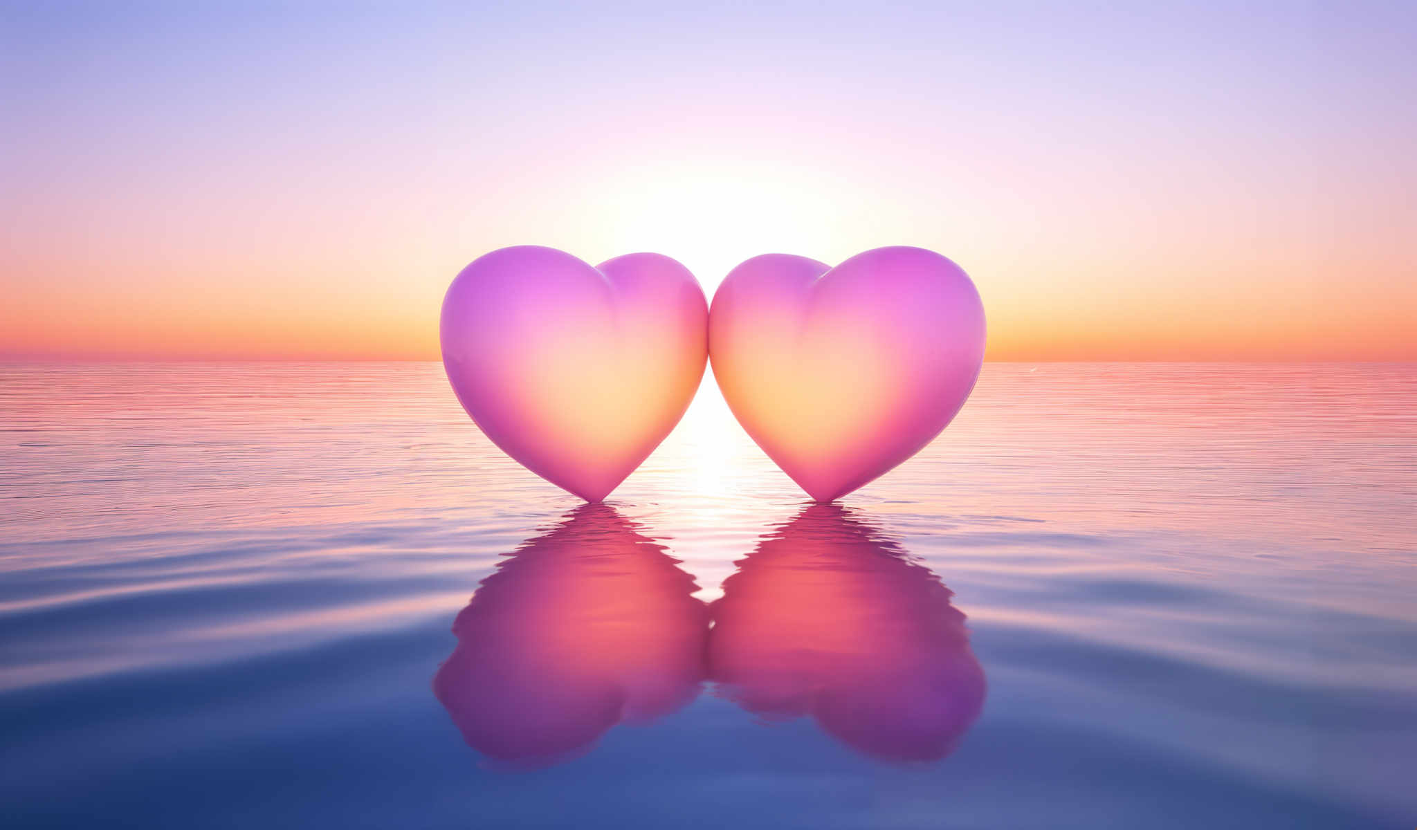 Two pink hearts floating on a body of water.