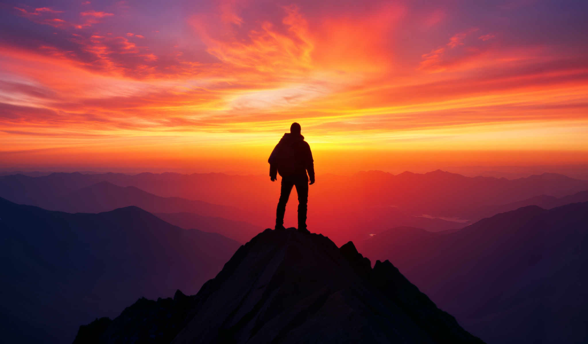 A man stands on a mountain peak at sunset.