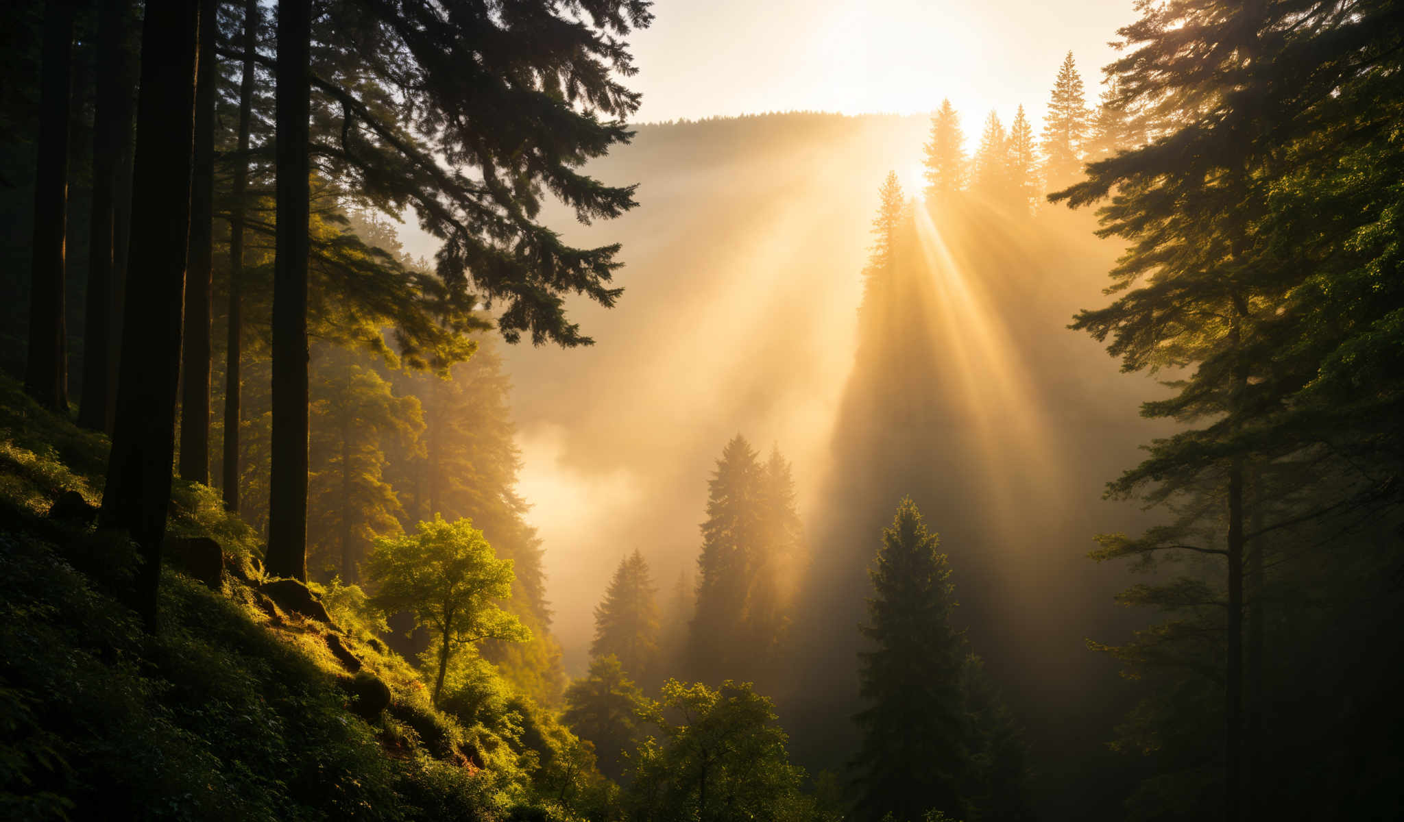 A forest of trees with the sun shining through the trees.