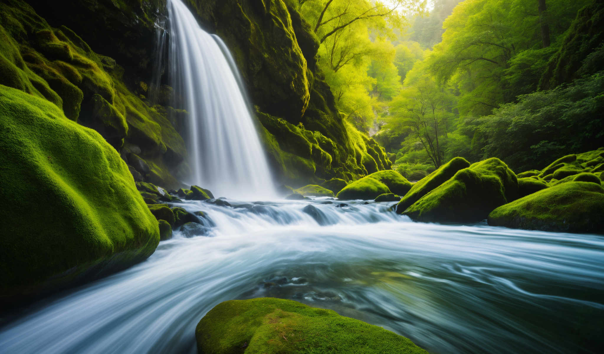 A waterfall cascades down a moss-covered cliff into a river.