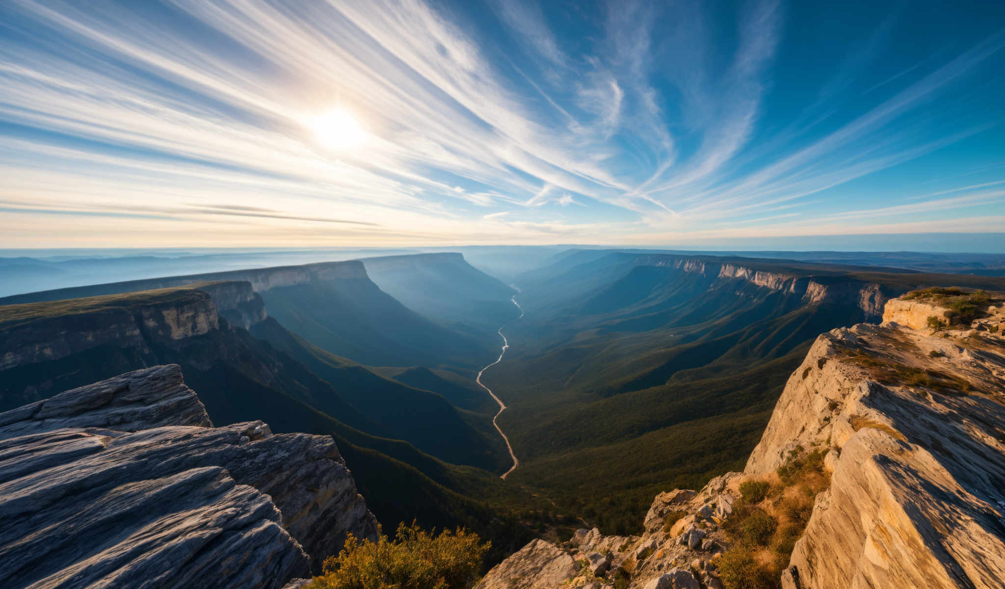 A breathtaking view of a canyon with a winding road through it. The road is surrounded by lush greenery and towering cliffs. The sky above is a clear blue with wispy clouds scattered across it. In the distance the sun is shining brightly casting a warm glow over the entire scene. The image captures the beauty and majesty of nature in its rawest form.