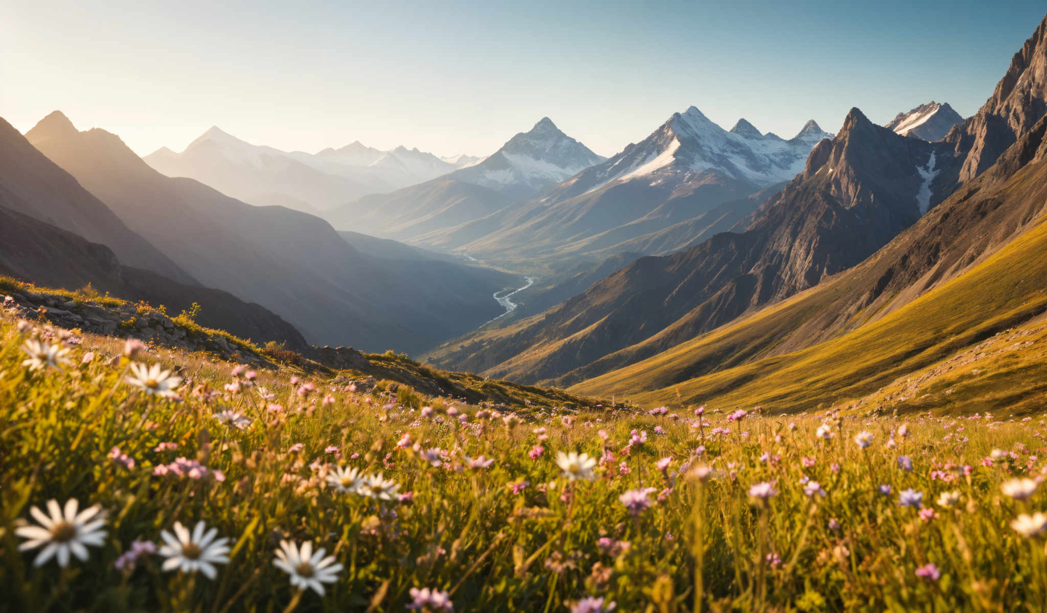 A beautiful mountain range with a river flowing through it. The mountains are covered in snow and the sky is clear. The river is surrounded by lush greenery and wildflowers. The image is taken from a high vantage point giving a panoramic view of the landscape. The colors in the image are vibrant with the green of the vegetation contrasting with the blue of the sky and the white of the snow. The wildflowers add a splash of color to the scene. The overall mood of the photo is serene and peaceful.