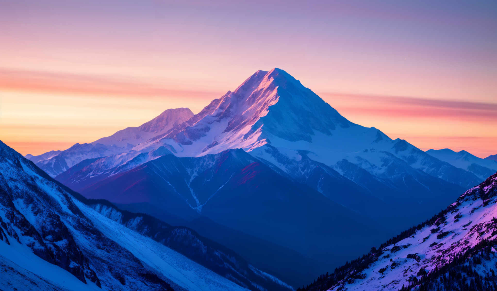 A majestic mountain peak bathed in the warm hues of a sunset. The mountain a stunning blend of white and blue stands tall against the backdrop of a sky painted in shades of pink and orange. The peak is adorned with a blanket of snow adding to its grandeur. The image captures the mountain from a distance allowing for a full view of its impressive height and the surrounding landscape. The scene is serene and breathtaking a testament to the beauty of nature.