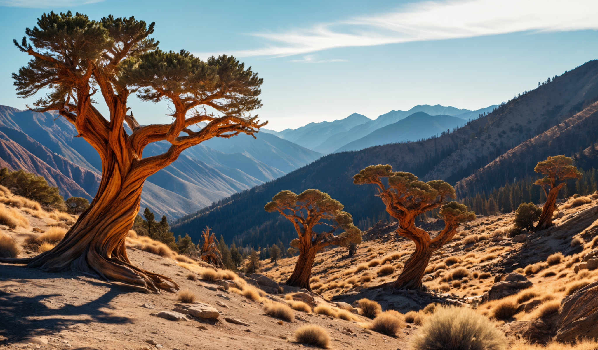 The image captures a serene mountainous landscape. Dominating the foreground are three twisted trees their orange bark contrasting with the surrounding greenery. The trees are situated on a rocky outcropping adding a rugged charm to the scene.

Beyond the trees the landscape unfolds into a valley filled with more trees and mountains. The mountains a mix of green and brown stretch across the background their peaks reaching towards the clear blue sky. The sky itself is a vibrant blue with a few clouds scattered across it adding depth to the expansive sky.

The image is a beautiful representation of nature's tranquility and grandeur captured in a single frame. The precise locations of the objects their colors and their relative positions to each other create a harmonious composition that is pleasing to the eye. The image does not contain any text or human-made objects further emphasizing the natural beauty of the scene.