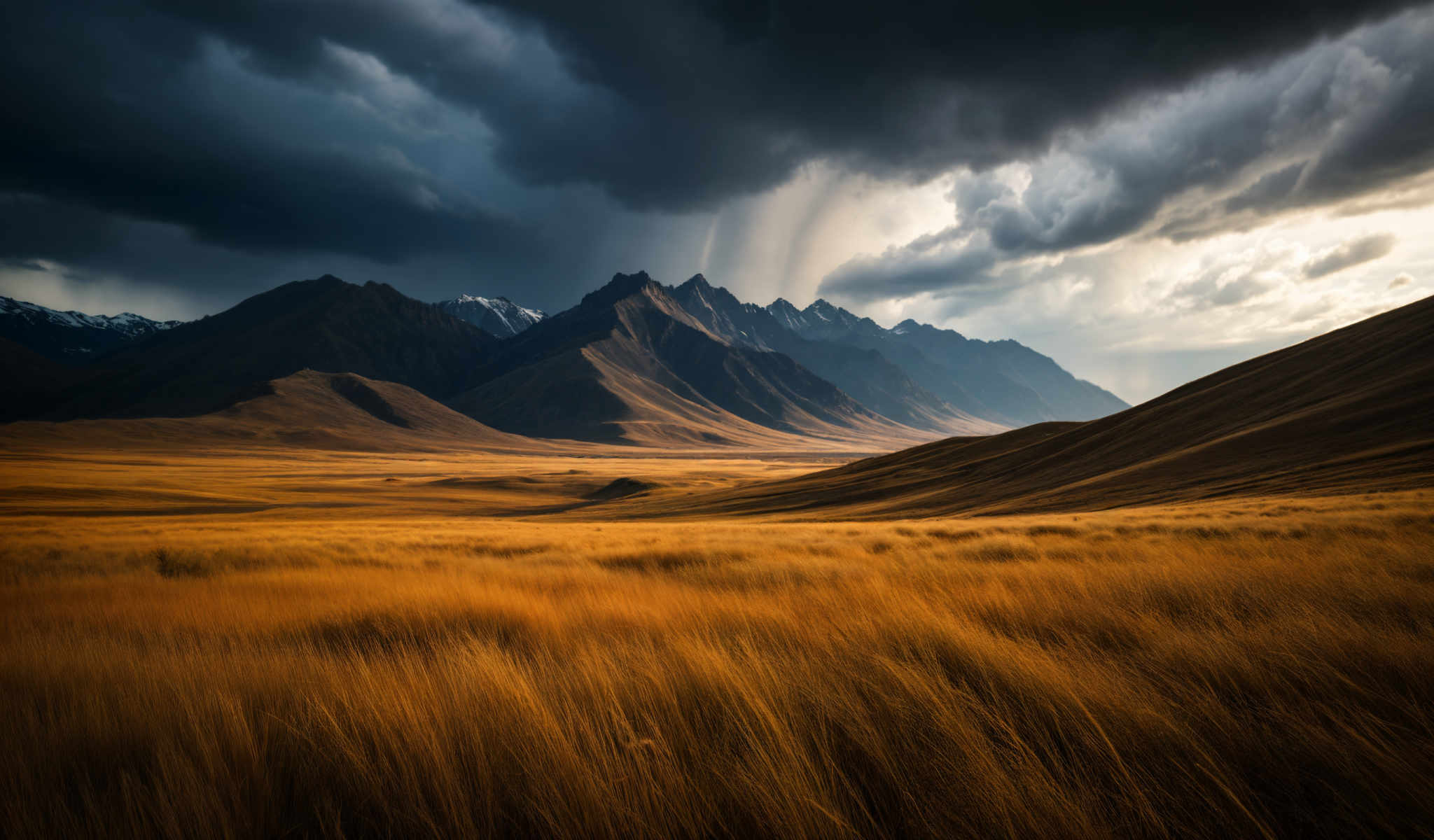 A mountain range with a stormy sky above it.