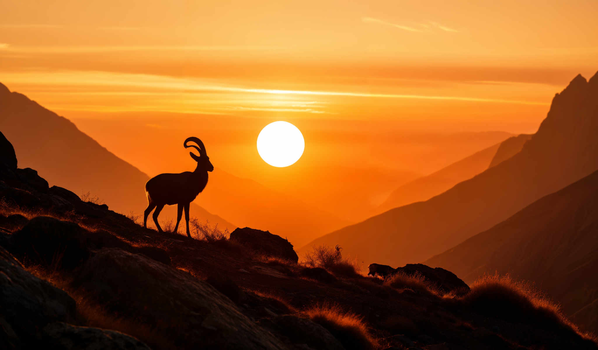 A goat stands on a rocky outcropping looking out over a mountain range. The sun is setting in the background casting a warm glow over the scene.