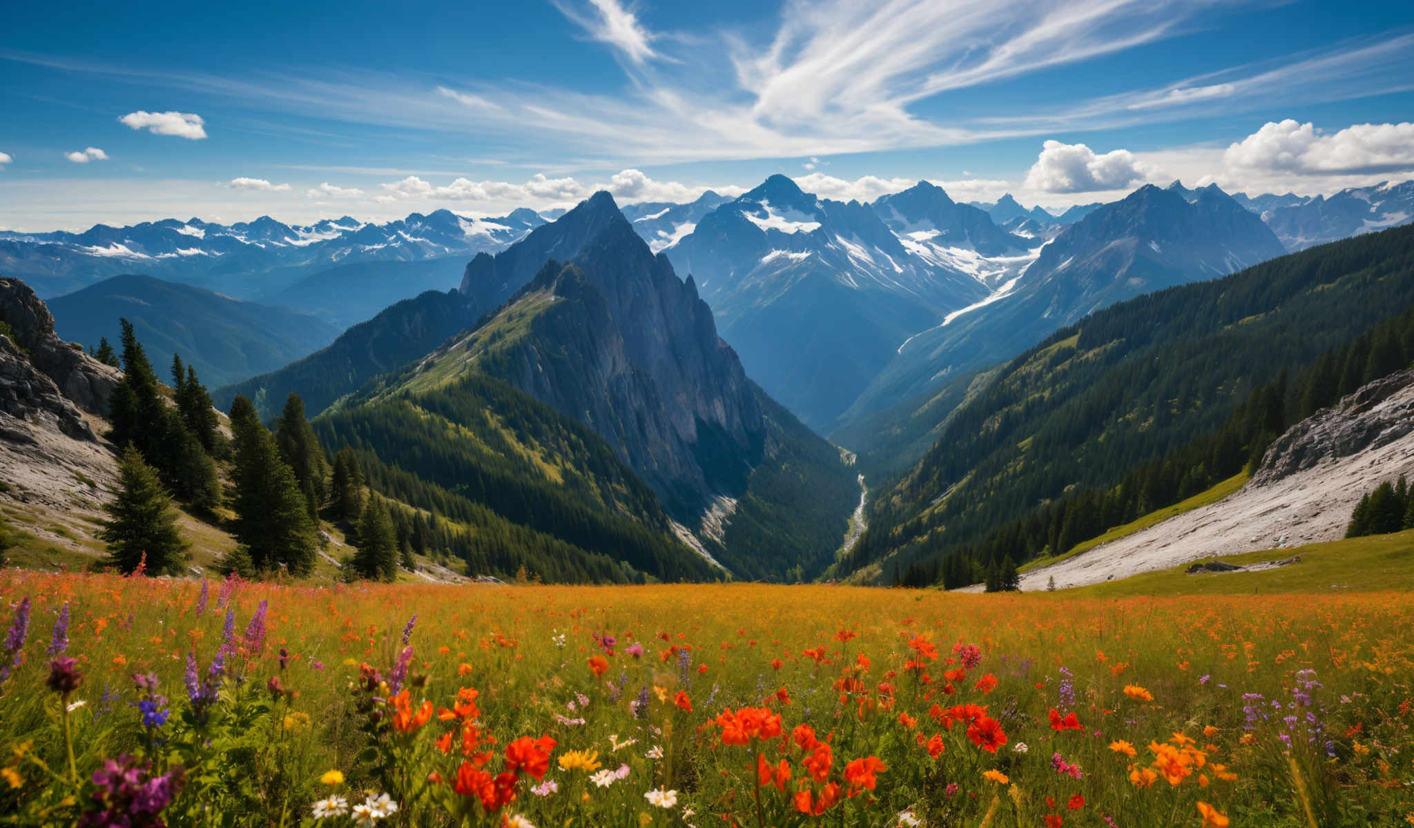 A beautiful mountain range with a valley in the middle. The mountains are covered in snow and the valley is filled with wildflowers.