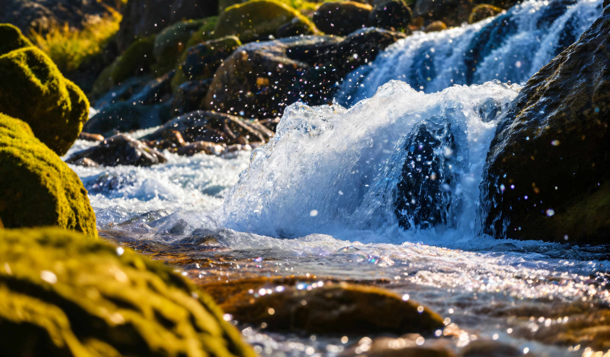 A waterfall cascading down rocks with water droplets in the air.