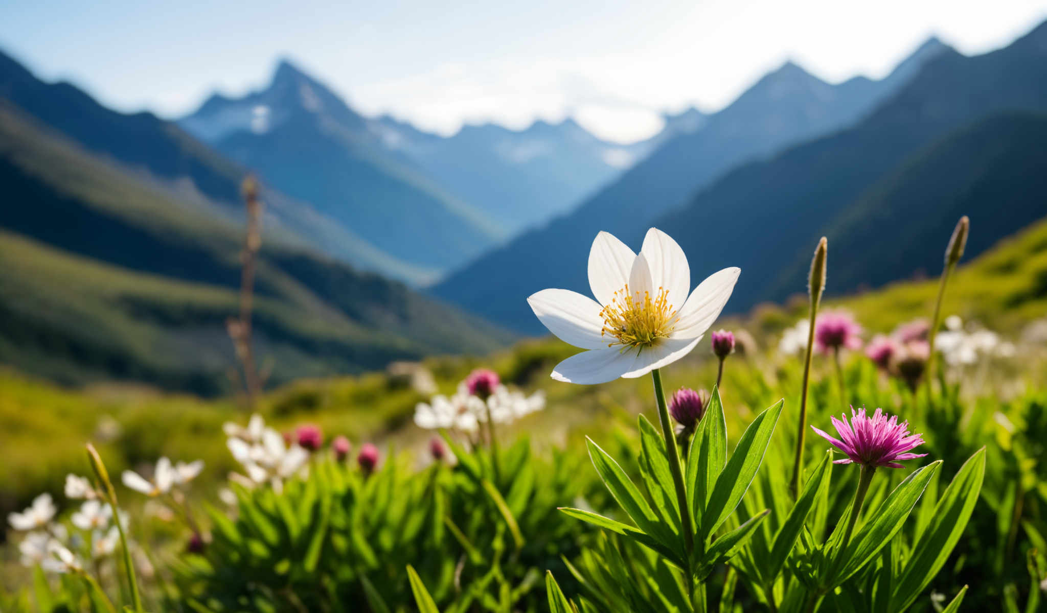 A white flower with yellow center surrounded by green leaves and pink flowers.