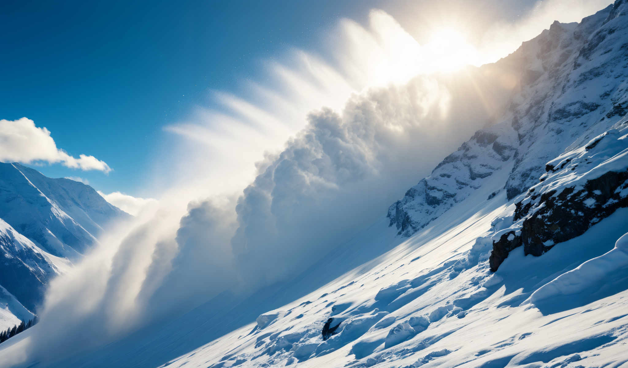 A snowy mountain with a large cloud of snow on top.