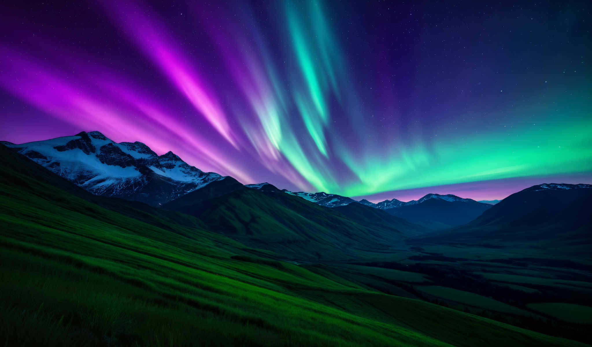 A breathtaking view of a mountain range with a sky filled with colorful lights. The mountains are covered in snow and the sky is a beautiful mix of purple green and blue. The image captures the majesty of nature and the awe-inspiring beauty of the night sky.