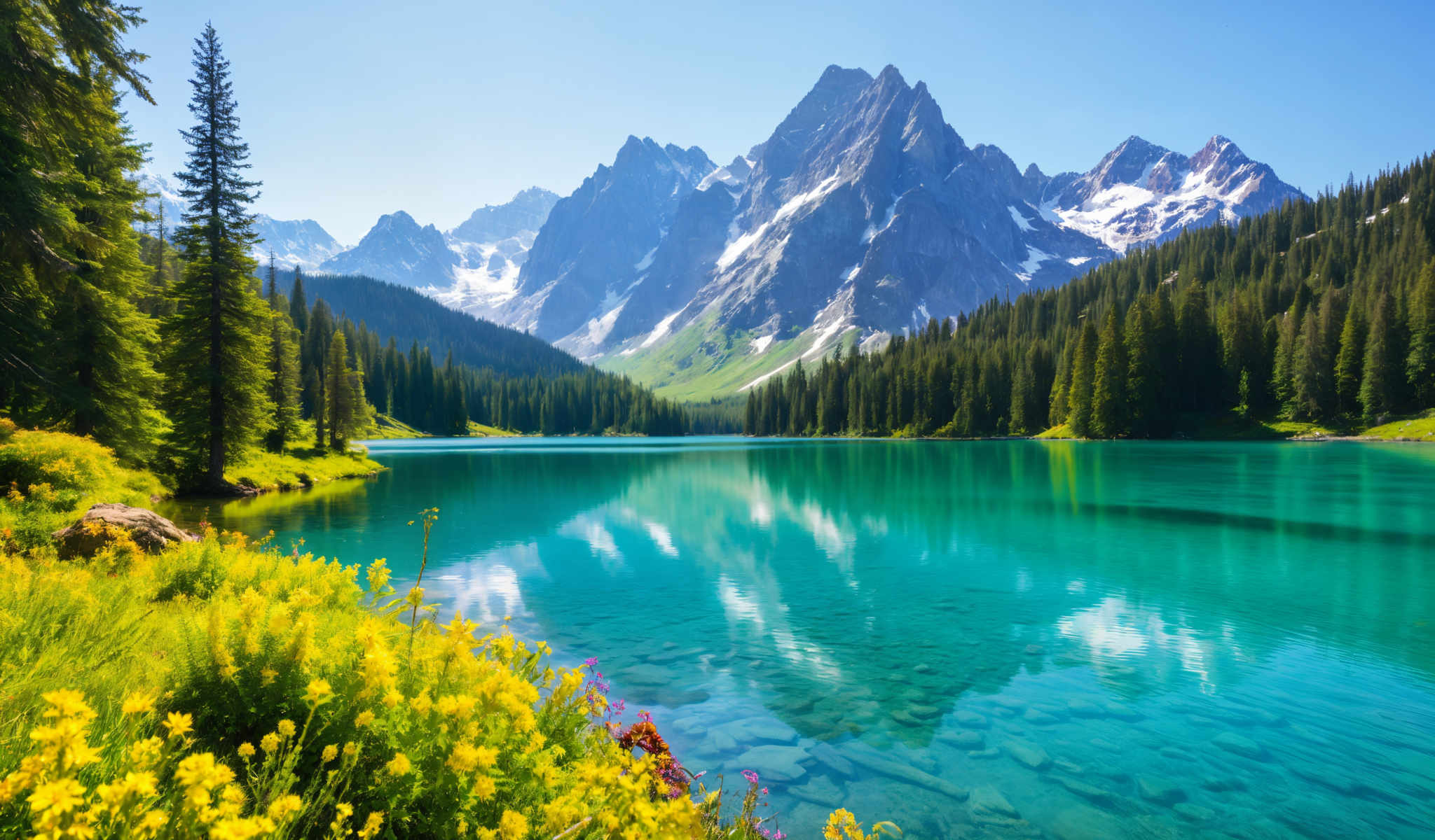 A serene mountain lake with a mountain range in the background. The lake is surrounded by lush green trees and vibrant yellow flowers. The mountains are covered in snow adding a touch of white to the otherwise green and blue landscape. The sky above is a clear blue with a few clouds scattered across it. The image captures the beauty of nature in its purest form.