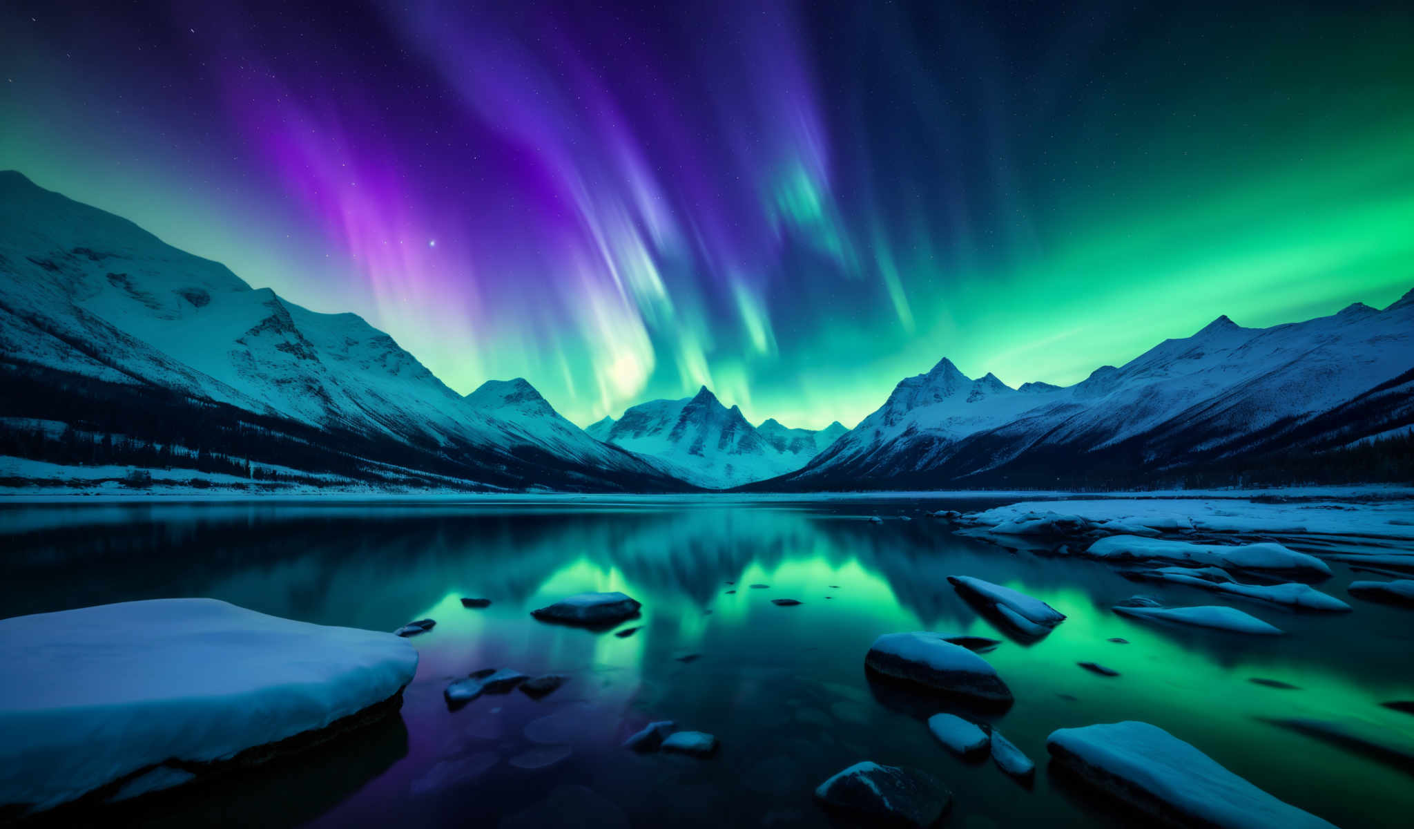 A breathtaking view of a mountain range with a lake in the foreground. The mountains are bathed in the glow of the Aurora Borealis creating a stunning display of colors. The sky is a deep blue dotted with stars. The lake calm and serene mirrors the vibrant colors of the sky and the mountains. The image captures the beauty and majesty of nature in its rawest form.