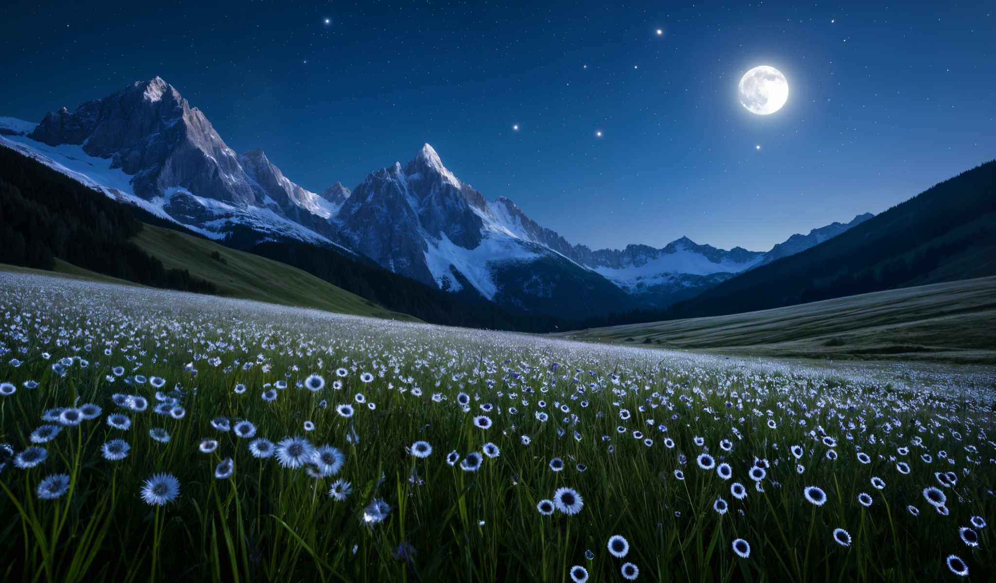 A serene night scene with a mountain range in the background and a field of wildflowers in the foreground. The mountain range is covered in snow and the sky is filled with stars. The moon is visible in the top right corner of the sky. The field of flowers is a mix of white and purple flowers. The mountains are in the distance and the flowers are in front of the mountains. The sky is dark and the moon is bright. The stars are scattered across the sky and the mountains are covered in a blanket of snow. The flowers are scattered throughout the field. The image is a beautiful representation of nature's beauty.