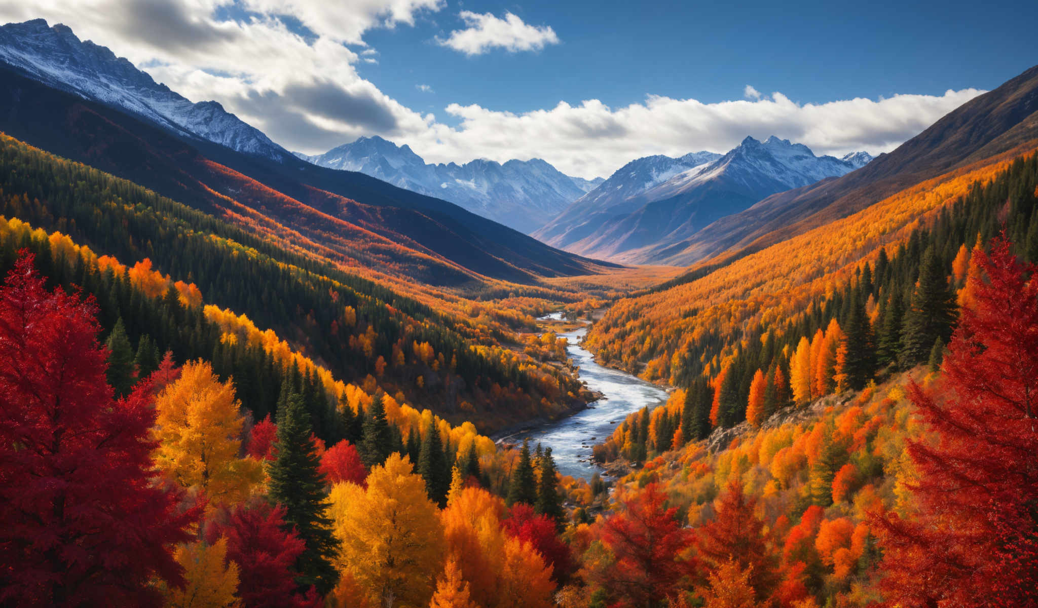 A beautiful mountain range with a river flowing through it. The mountains are covered in snow and the river is surrounded by trees with autumn colors. The sky is blue and the sun is shining brightly.