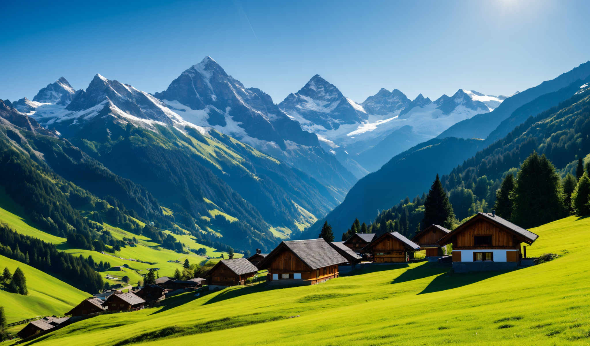 A picturesque scene of a mountainous landscape with a quaint village nestled in the valley. The village is composed of several wooden chalet-style buildings each topped with a sloping roof. The buildings are scattered across the landscape some closer to the viewer and others further away creating a sense of depth and scale.

The mountains in the background are majestic and towering their peaks capped with snow. The sky above is a clear bright blue suggesting a sunny and pleasant day. The grass in the foreground is a vibrant green adding a touch of color to the scene.

The image captures the serene beauty of nature and the charm of a small village living in harmony with its surroundings. It's a snapshot of a peaceful moment in a stunning landscape.