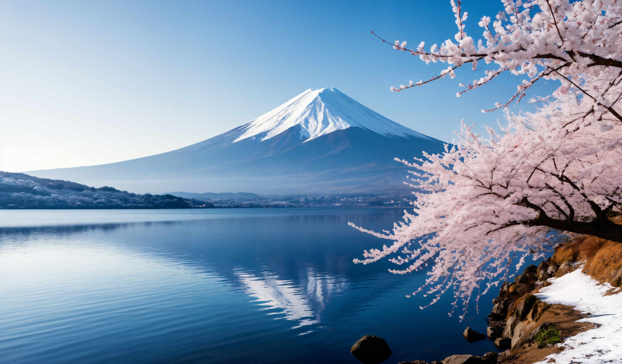 A serene scene of a mountain with a blue lake in front of it. The mountain is covered in snow and is surrounded by trees. The lake is calm and clear reflecting the mountain and the sky. The sky is clear and blue adding to the tranquility of the scene. The trees surrounding the lake are lush and green providing a beautiful contrast to the blue of the lake and the mountain. The image captures the beauty of nature in its purest form.