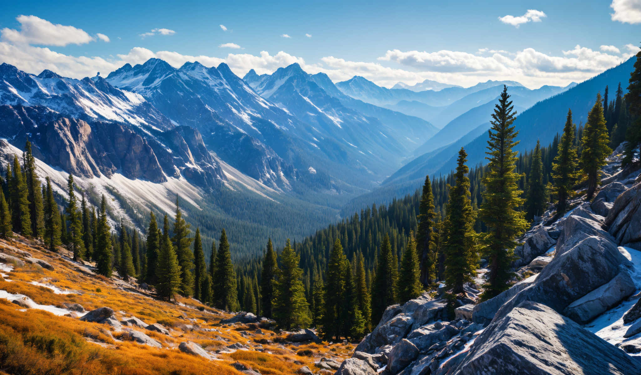 A breathtaking view of a mountain range with a clear blue sky above. The mountains are covered in snow and the sky is a beautiful shade of blue. The foreground is filled with trees and rocks adding to the natural beauty of the scene. The image captures the majesty and grandeur of nature in its purest form.