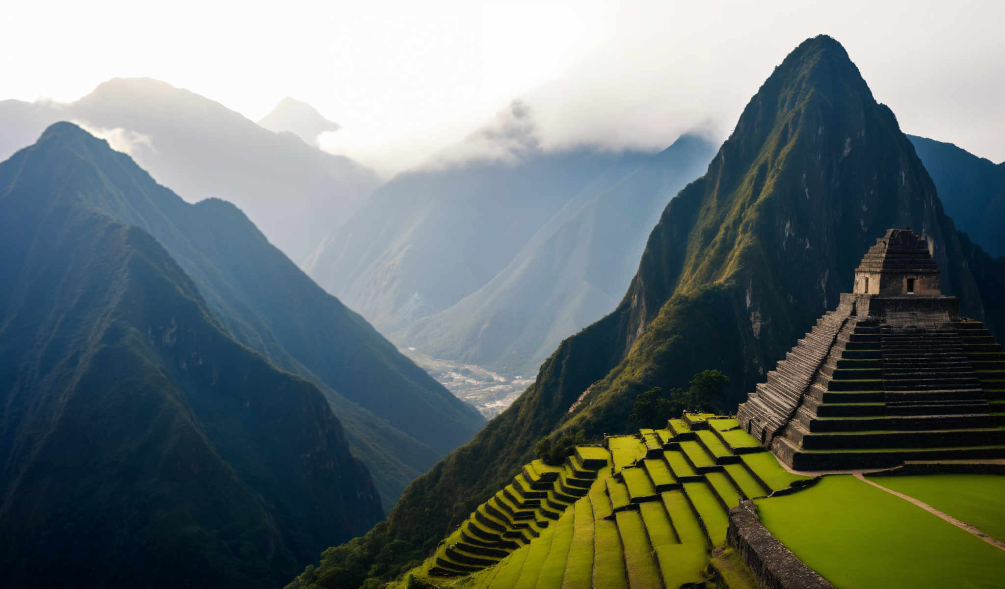 The image captures a breathtaking view of a mountainous landscape. The mountains blanketed in a lush layer of greenery rise majestically against the backdrop of a clear blue sky. Nestled at the foot of these mountains is a quaint village its buildings scattered across the landscape. 

In the foreground a series of terraced fields carve their way through the verdant terrain. These fields meticulously arranged in rows add a sense of order to the otherwise wild and untamed scenery. 

The image is taken from a high vantage point offering a panoramic view of the village and the surrounding landscape. This perspective allows for a comprehensive appreciation of the natural beauty and tranquility of the scene. 

Despite the presence of man-made structures the image exudes a sense that the village is in harmony with its natural surroundings. The absence of any text or discernible human activity further enhances this feeling of harmony. 

Overall the photo presents a serene and picturesque view of nature with the village terraced field and mountains each contributing to the image's tranquil ambiance.