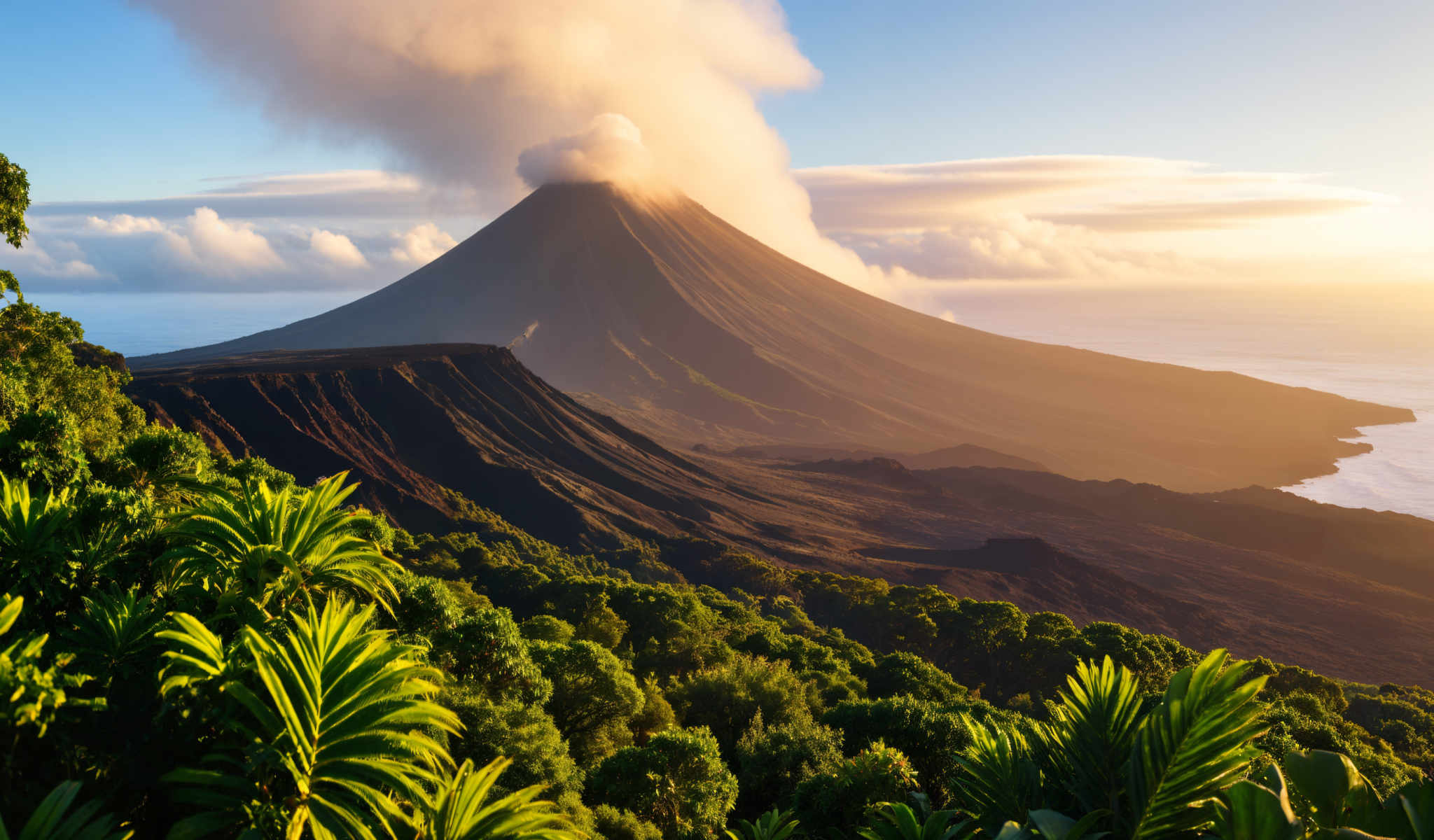 A large mountain with a cloud on top. The mountain is surrounded by trees and is located near the ocean.